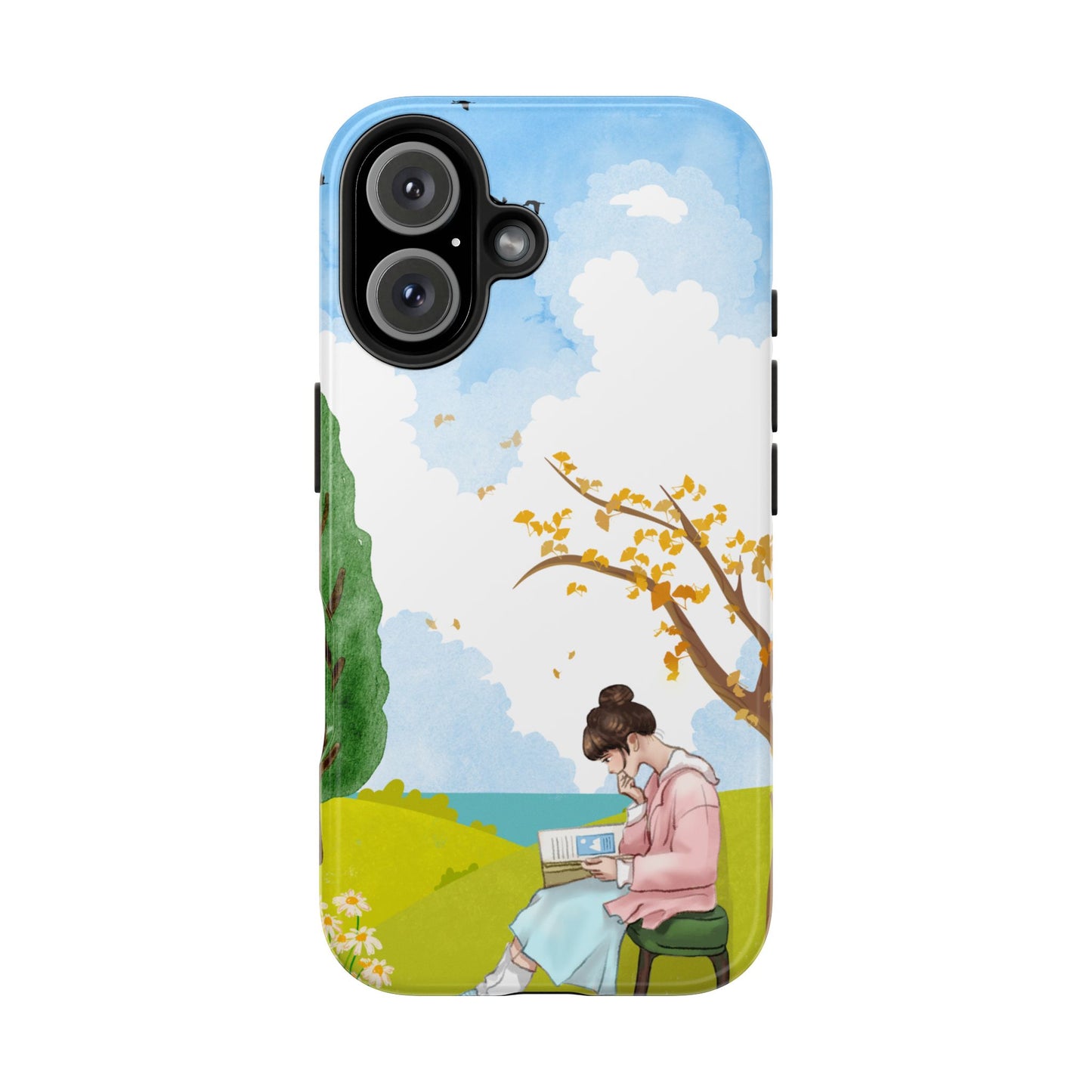 Cozy Reading Girl Phone Case with Peaceful Nature Scene Trees and Flowers Serene Pastel Design Protective Cover for Book Lovers and Dreamers