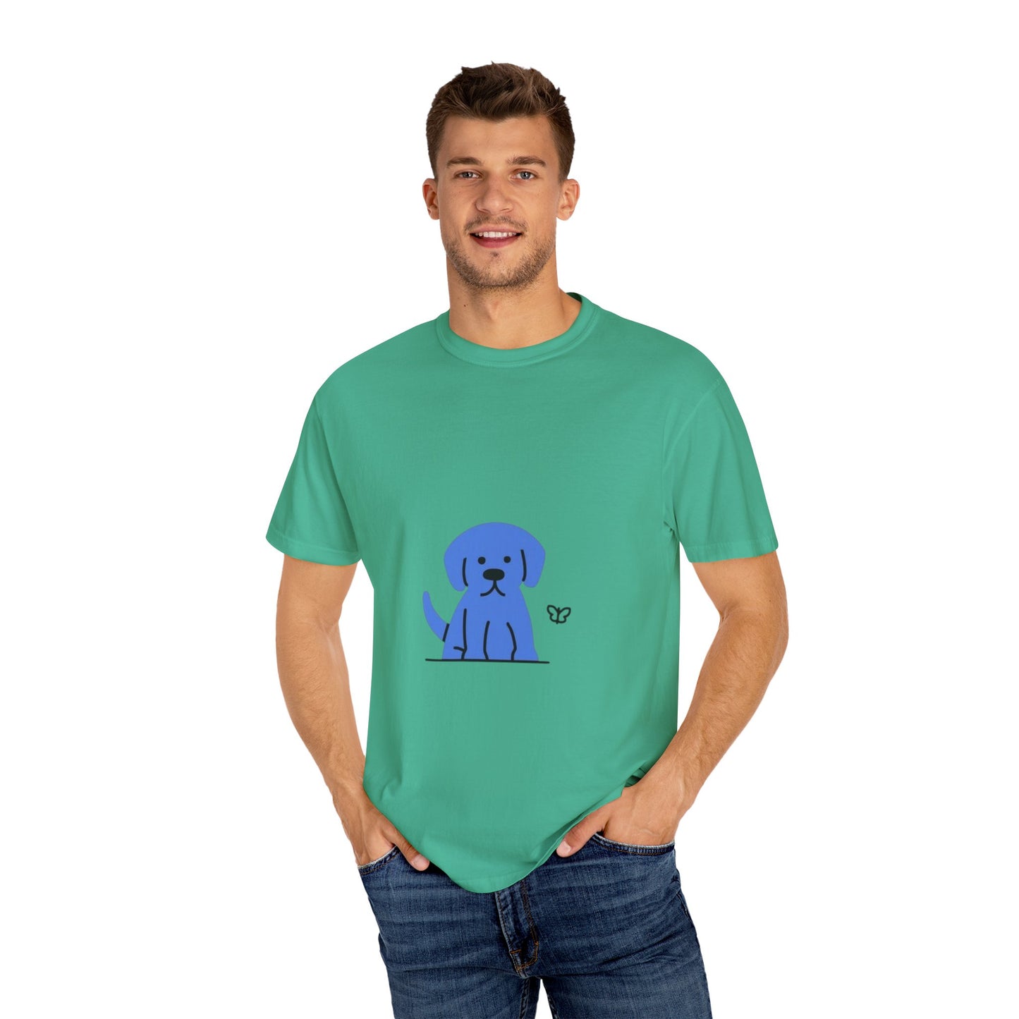 Cute Blue Dog Unisex Garment-Dyed T-shirt, Pet Lover Gift, Fashion Tee, Casual Wear, Birthday Present, Dog Lover Apparel