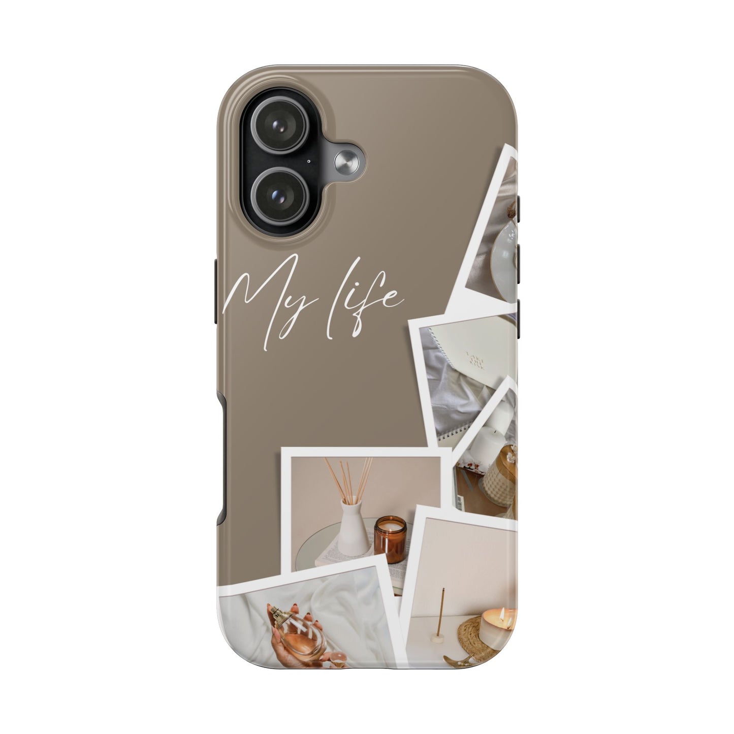Neutral Aesthetic Phone Case with “My Life” Text and Polaroid Style Collage – Minimalist Beige Design for Cozy Lifestyle Lovers