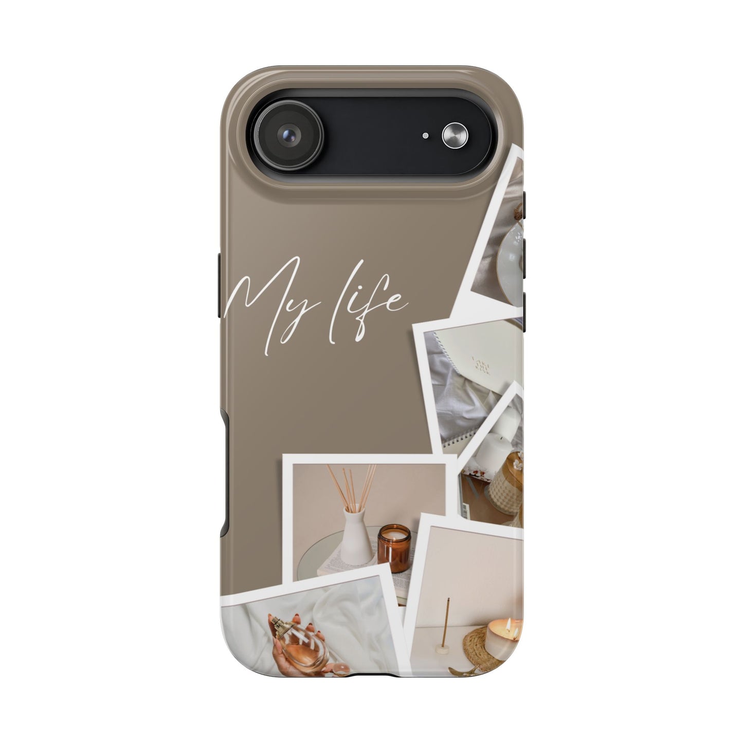 Neutral Aesthetic Phone Case with “My Life” Text and Polaroid Style Collage – Minimalist Beige Design for Cozy Lifestyle Lovers