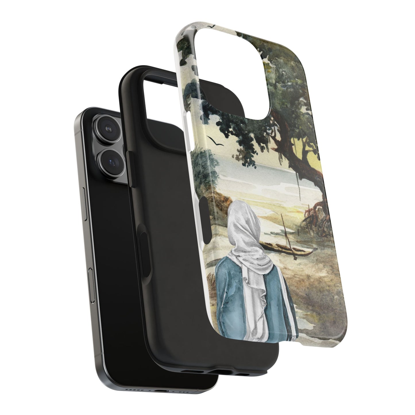 Watercolor Nature Phone Case with Woman by the Sea Tree and Boat Serene Landscape Art Protective Cover for Calm Coastal and Artistic Vibes