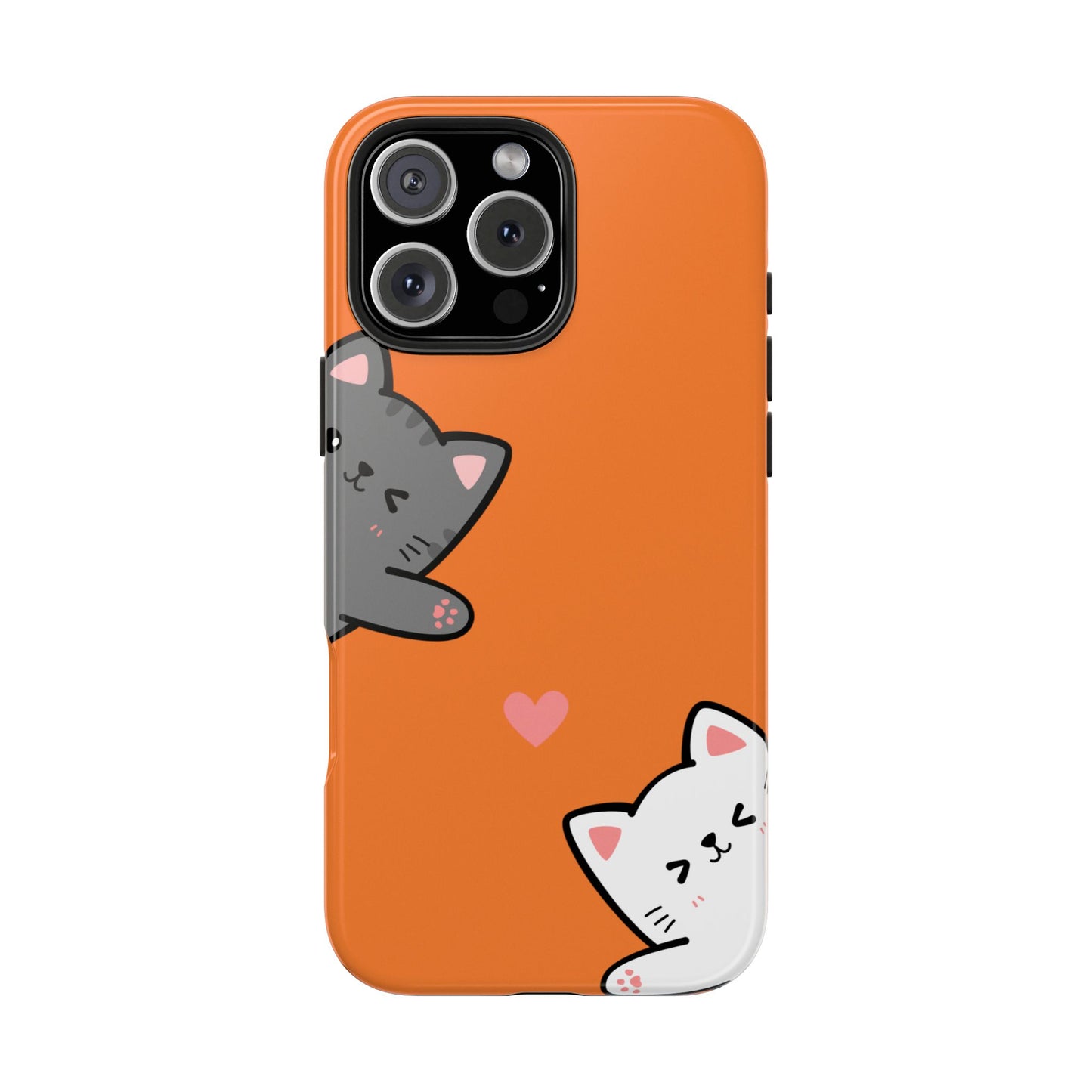Cute Cartoon Cat Phone Case with Orange Background Playful Gray and White Kitties and Pink Heart Protective Cover for Kawaii Cat Lovers