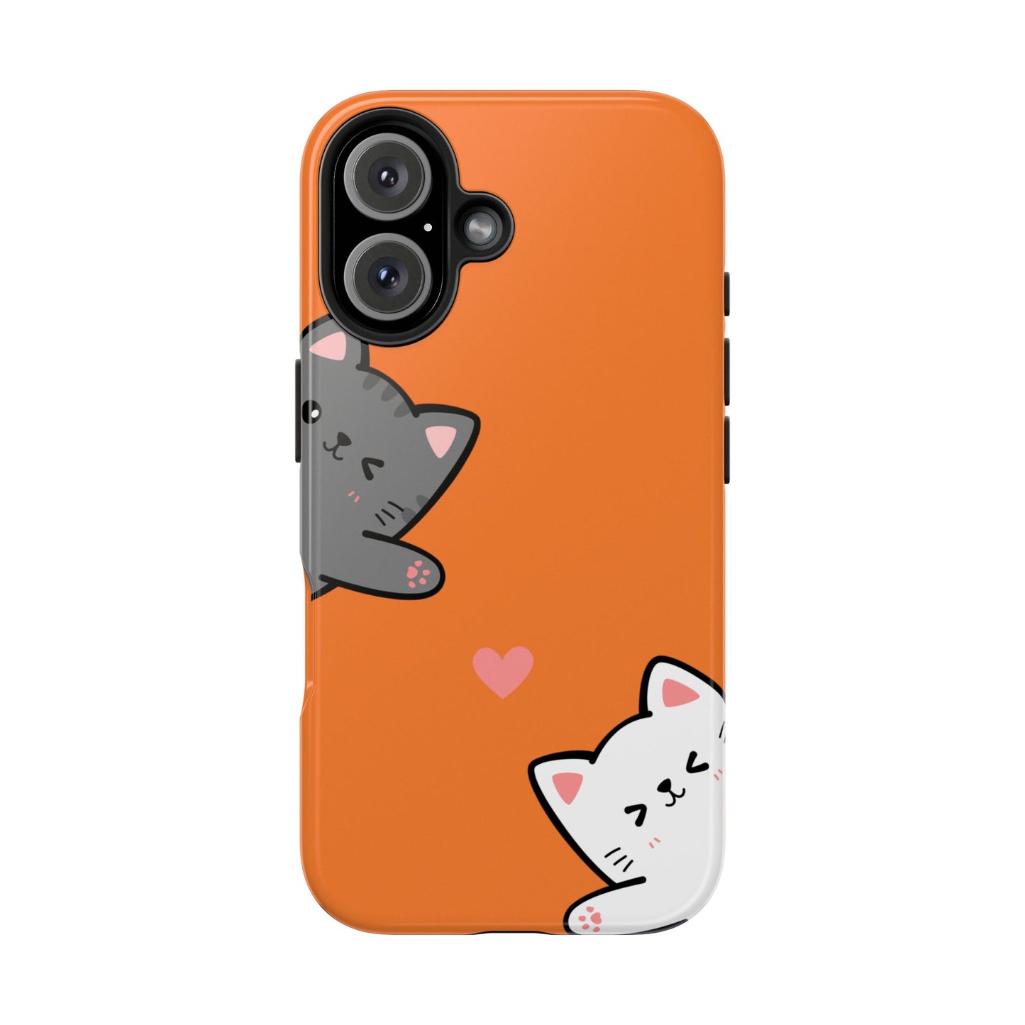 Cute Cartoon Cat Phone Case with Orange Background Playful Gray and White Kitties and Pink Heart Protective Cover for Kawaii Cat Lovers