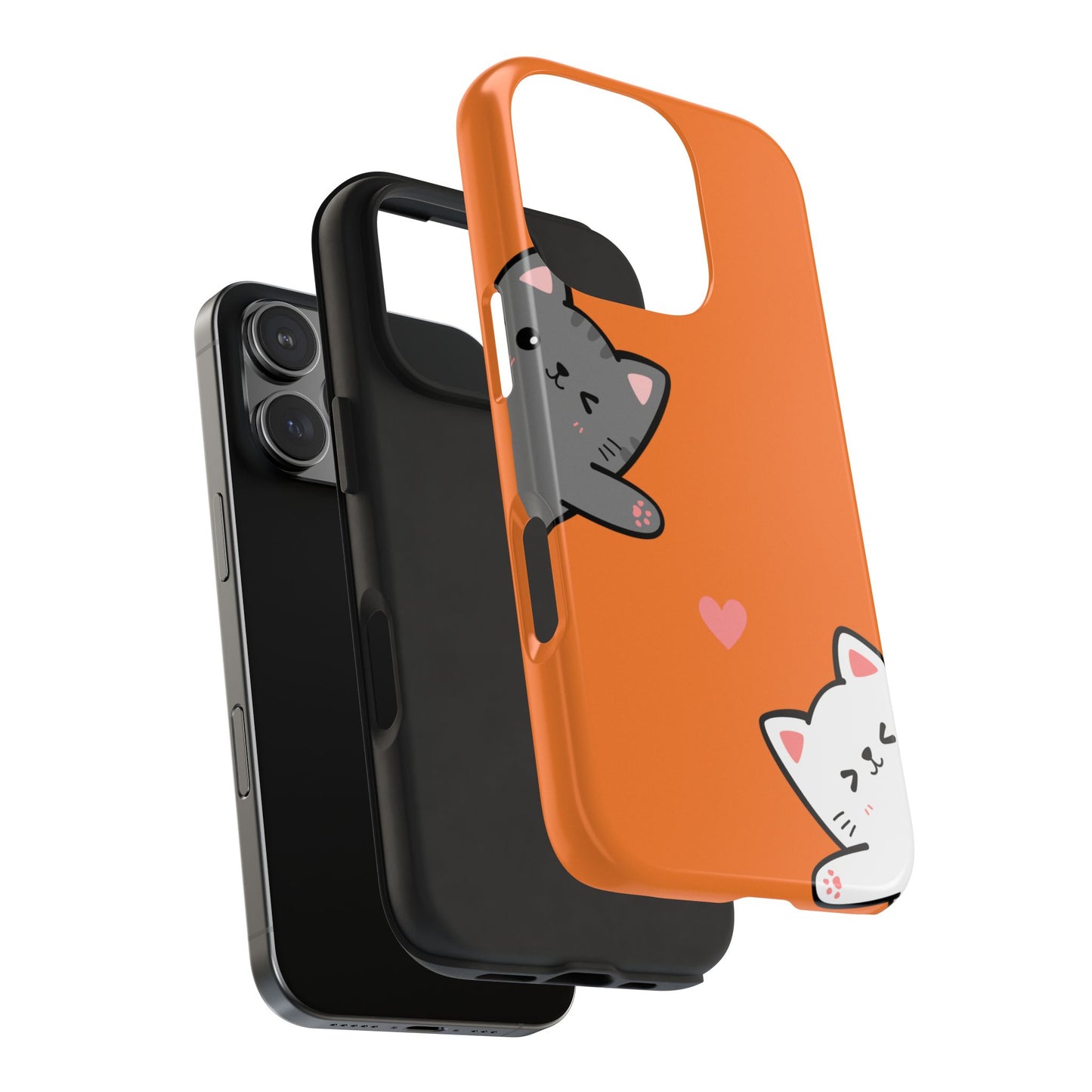 Cute Cartoon Cat Phone Case with Orange Background Playful Gray and White Kitties and Pink Heart Protective Cover for Kawaii Cat Lovers