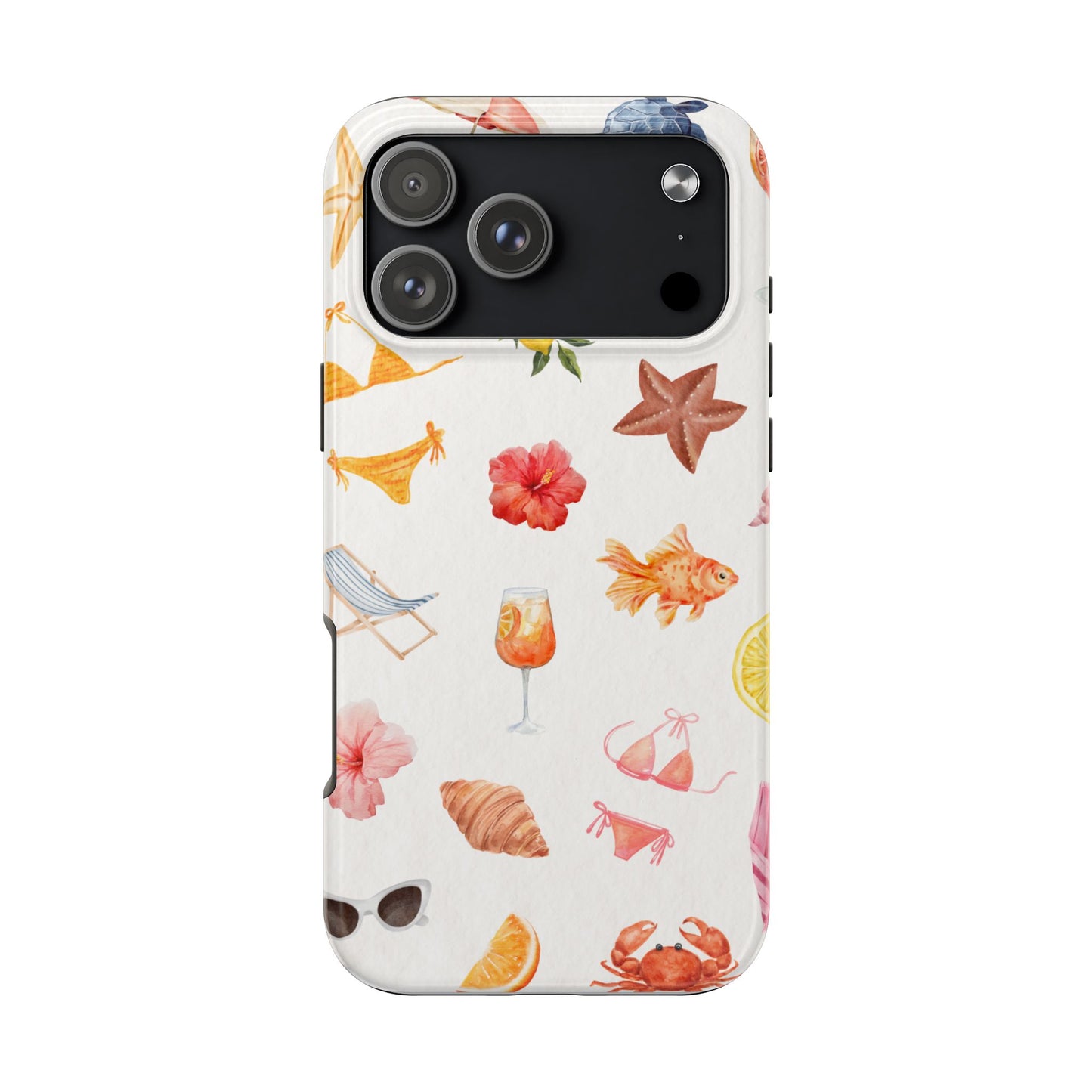Summer Beach Vibes Phone Case with Watercolor Tropical Icons Bikini Flowers Fish and Fruits Fun and Colorful Protective Cover