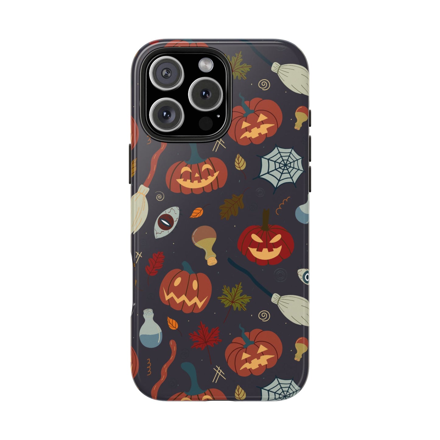 Spooky Halloween Pumpkin Phone Case with Witches Brooms, Potions, and Autumn Leaves – Fun Festive Protective Cover for October Vibes
