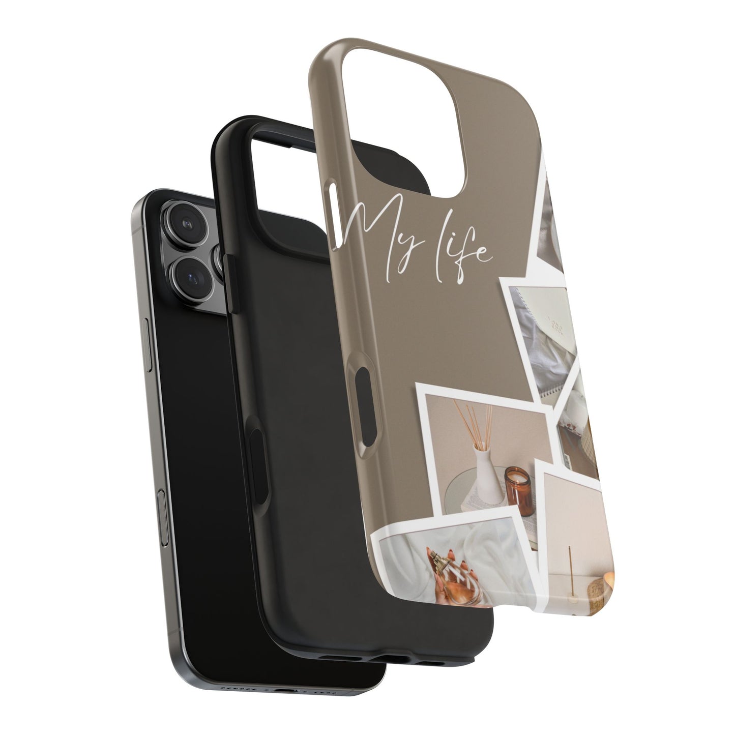 Neutral Aesthetic Phone Case with “My Life” Text and Polaroid Style Collage – Minimalist Beige Design for Cozy Lifestyle Lovers