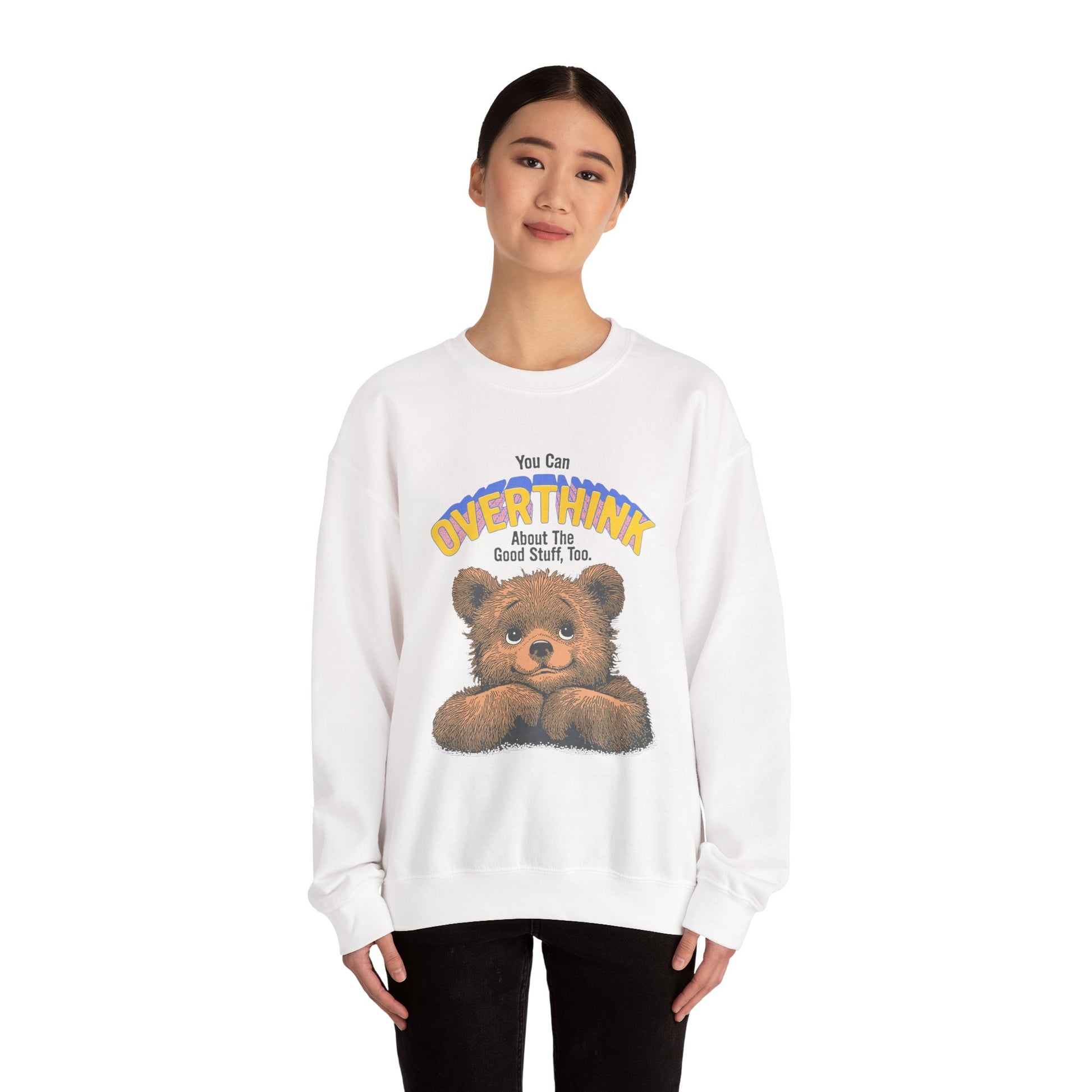 Cozy Sweatshirt with Overthinking Quote and Cute Bear Design, Funny Crewneck Jumper for Men and Women, Comfy Pullover for Winter, Unique