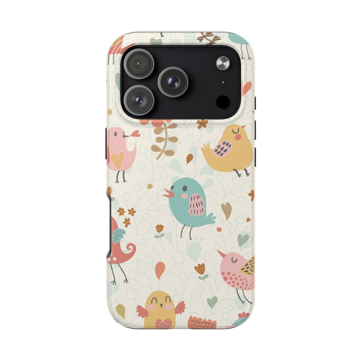 Cute Cartoon Birds Phone Case for iPhone 15 Pro with Colorful Pastel Floral Pattern – Soft Protective Cover with Whimsical Bird Design