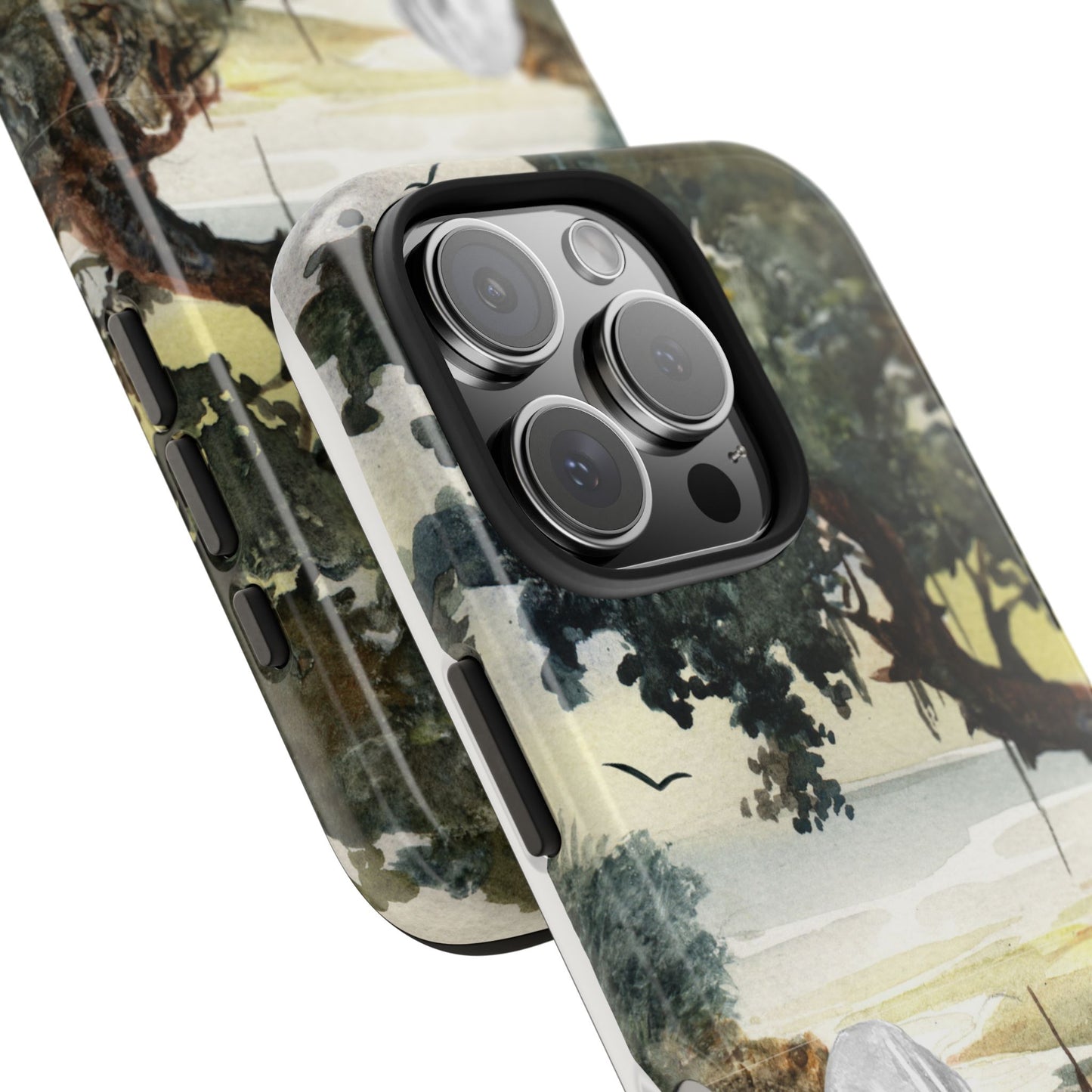 Watercolor Nature Phone Case with Woman by the Sea Tree and Boat Serene Landscape Art Protective Cover for Calm Coastal and Artistic Vibes