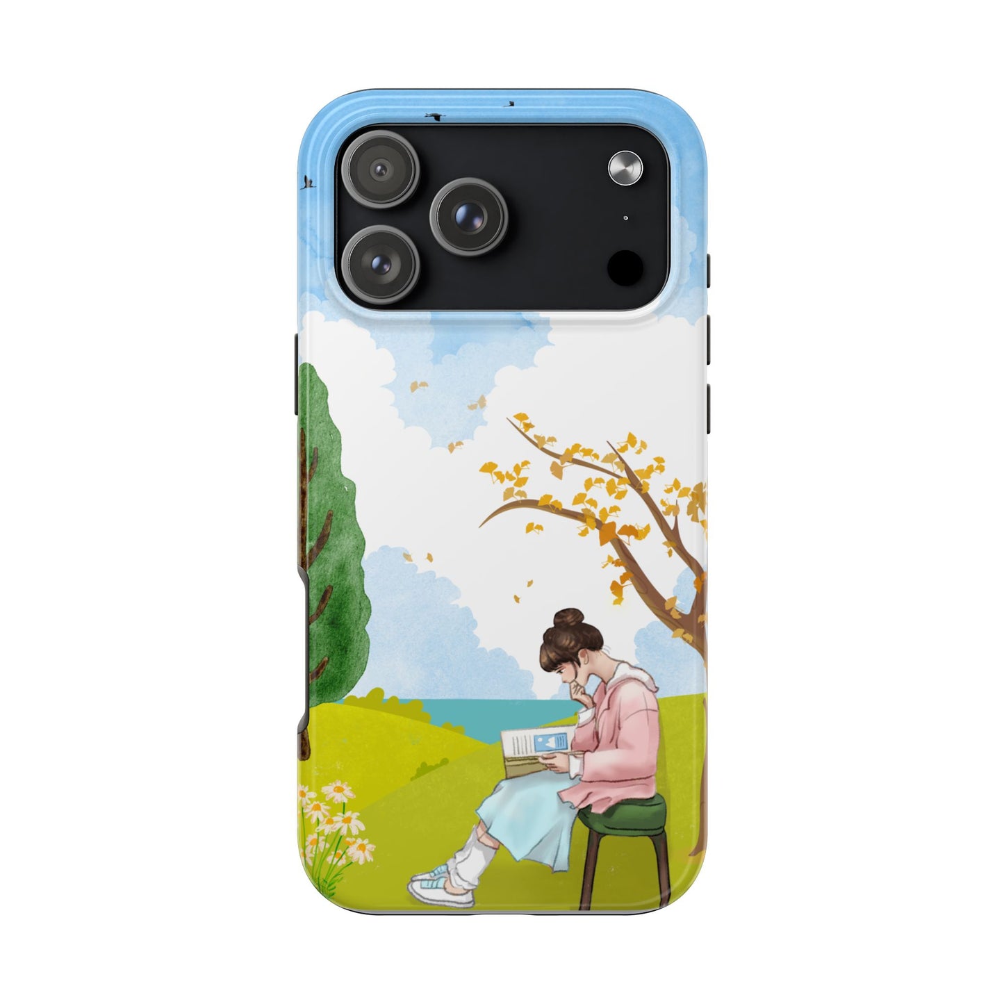 Cozy Reading Girl Phone Case with Peaceful Nature Scene Trees and Flowers Serene Pastel Design Protective Cover for Book Lovers and Dreamers