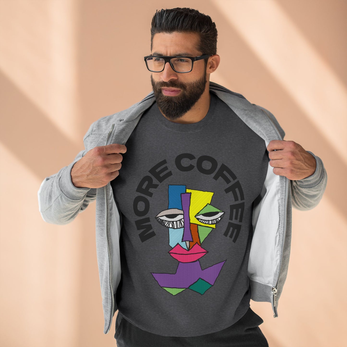Coffee Lover Unisex Sweatshirt with Sleepy Character Diagram