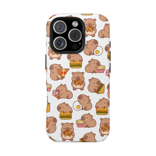 Cute Capybara Phone Case with Food Pattern Pizza Burger Donut and Popcorn Funny Animal Design Protective Cover for Foodies and Kawaii Style