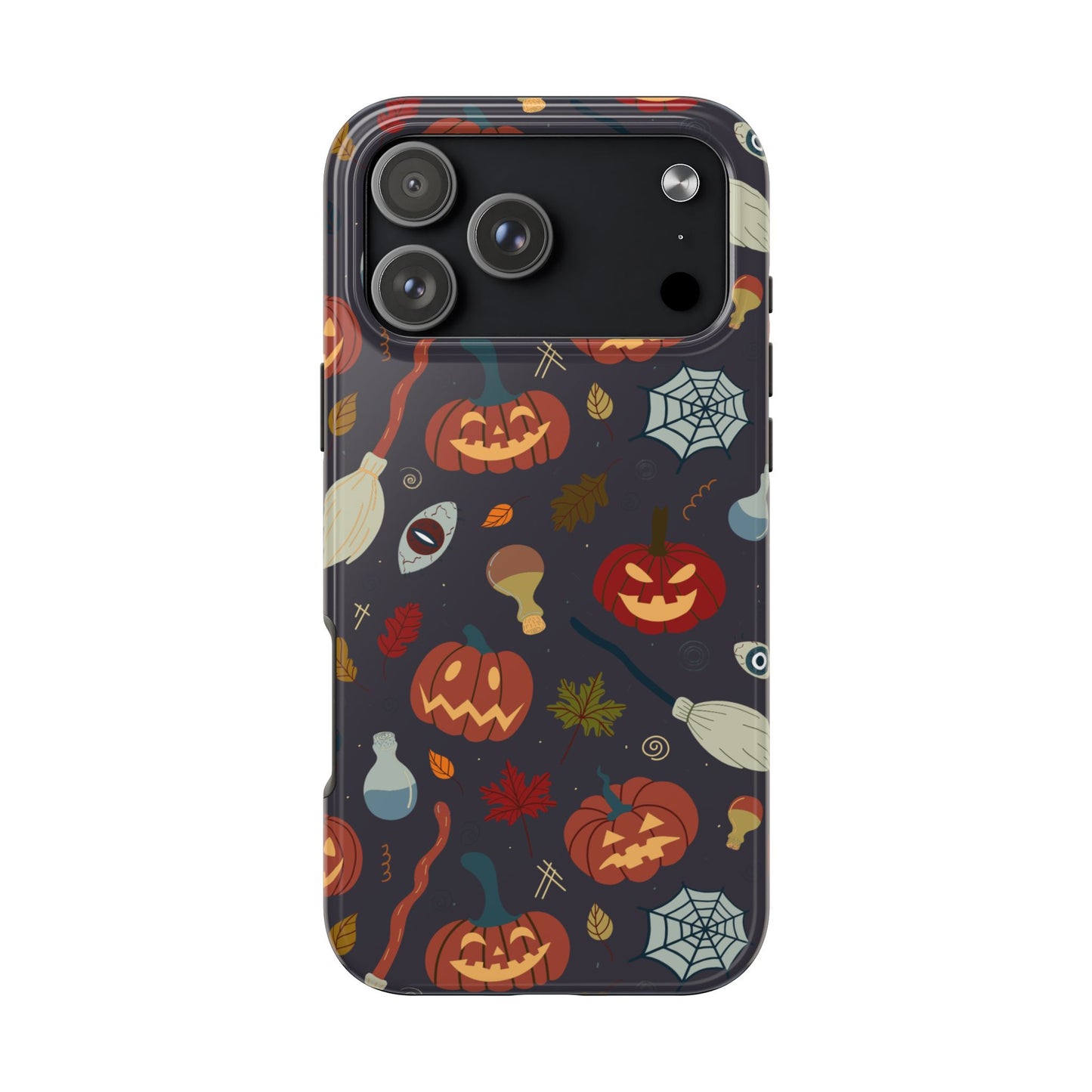 Spooky Halloween Pumpkin Phone Case with Witches Brooms, Potions, and Autumn Leaves – Fun Festive Protective Cover for October Vibes