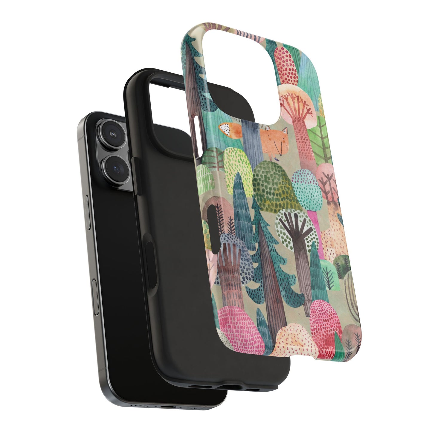 Colorful Forest Phone Case with Hidden Fox Design and Whimsical Trees – Artistic Nature Woodland Protective Cover for All Models