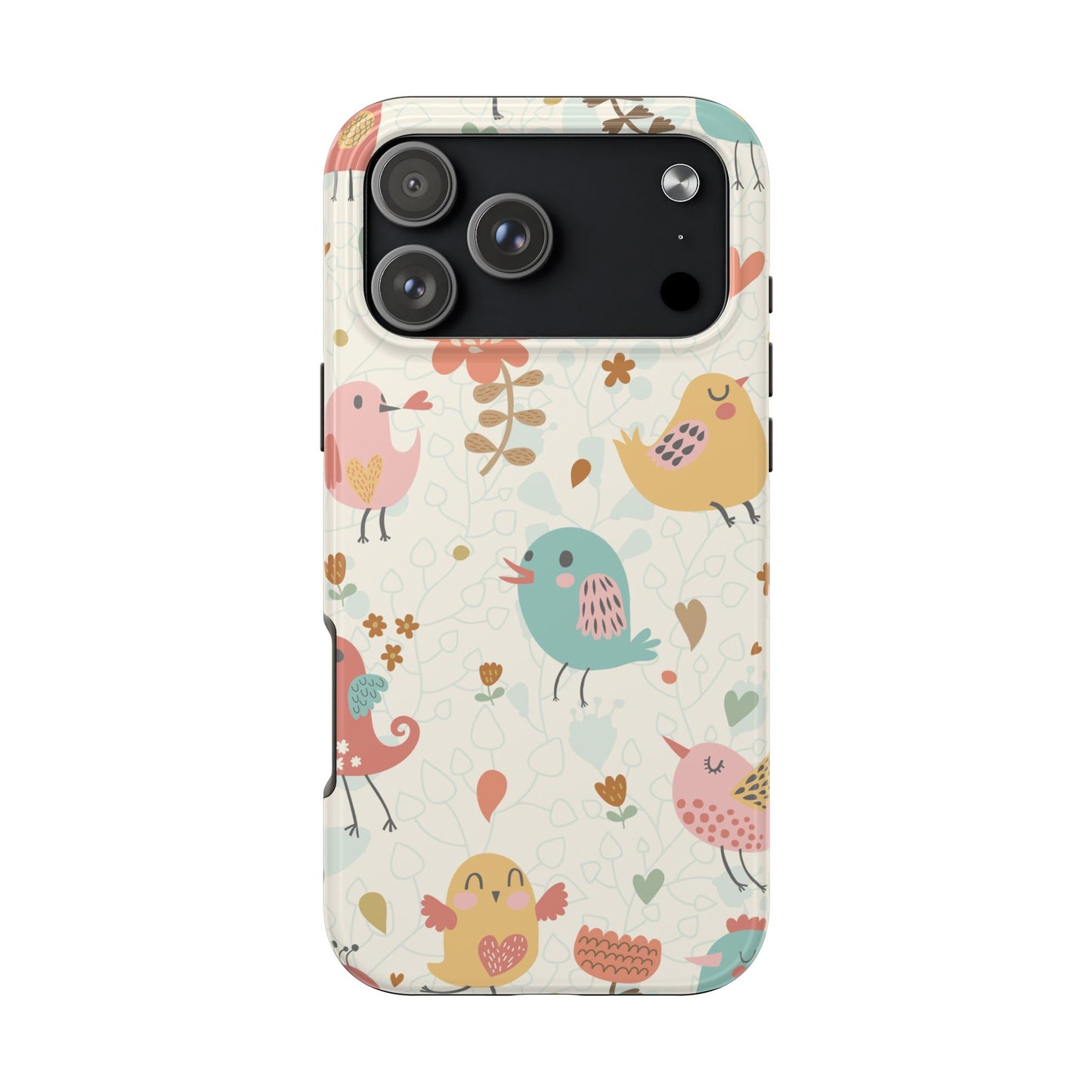 Cute Cartoon Birds Phone Case for iPhone 15 Pro with Colorful Pastel Floral Pattern – Soft Protective Cover with Whimsical Bird Design