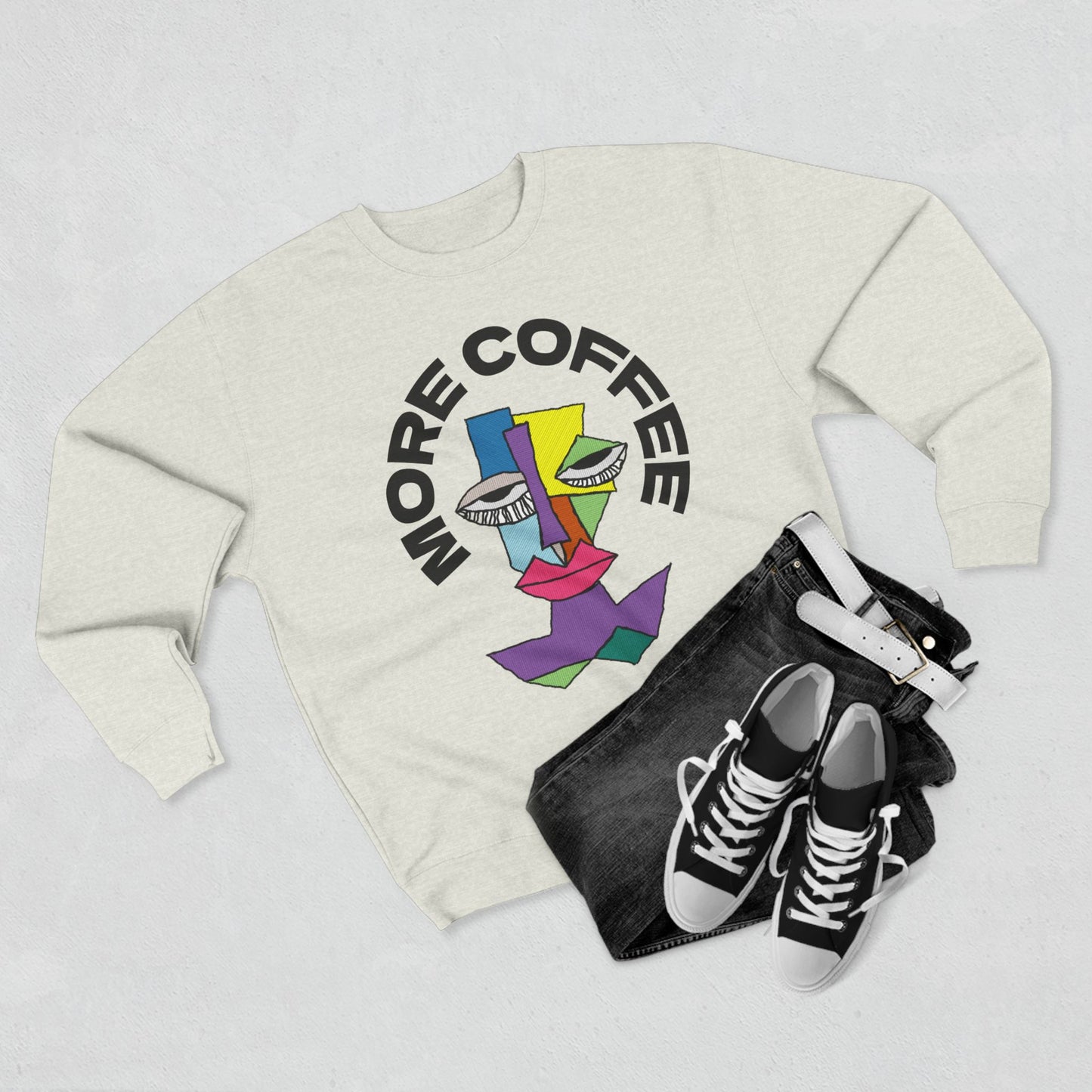 Coffee Lover Unisex Sweatshirt with Sleepy Character Diagram