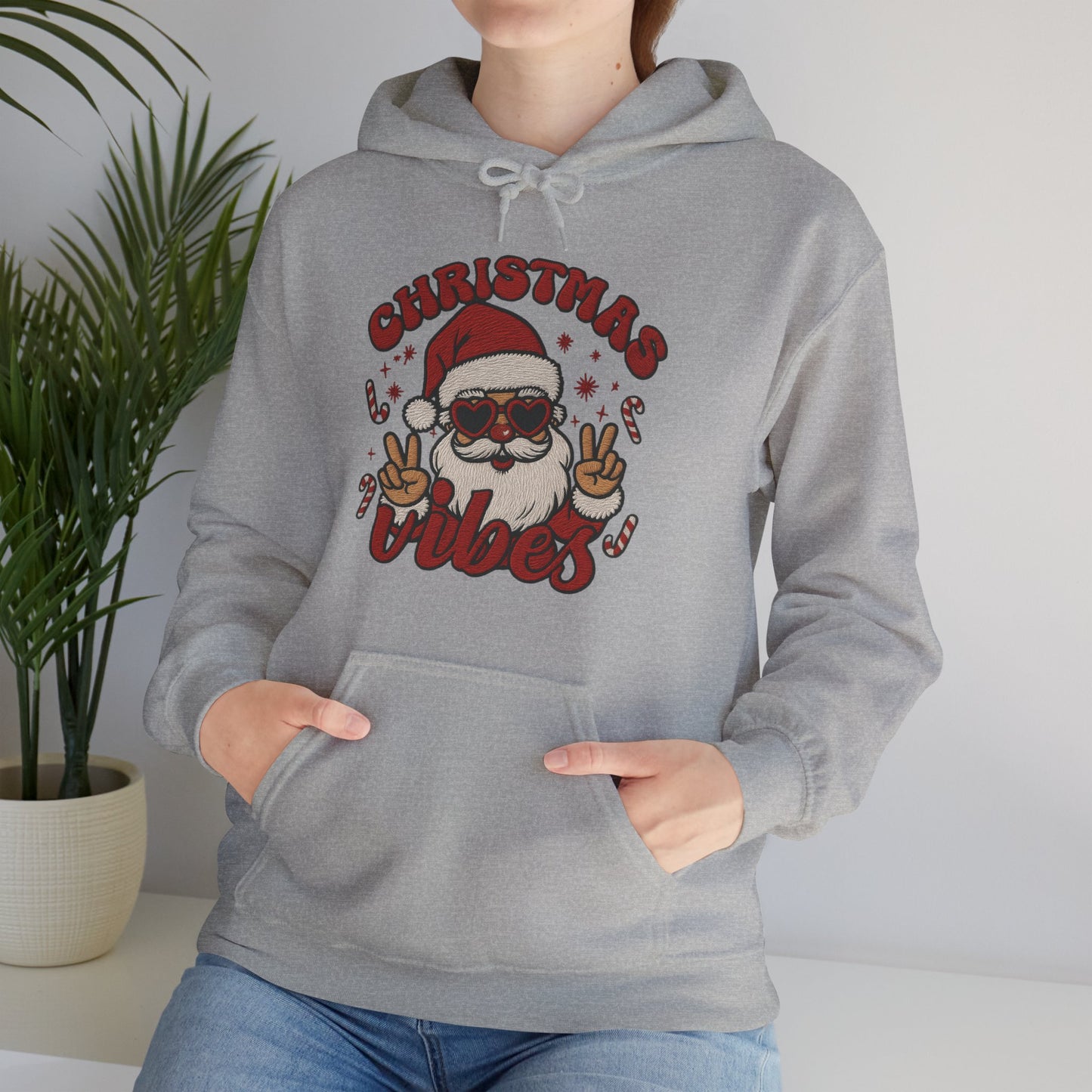 Christmas Vibes Santa Hoodie (Embroidery Look) – Unisex Holiday Sweatshirt
