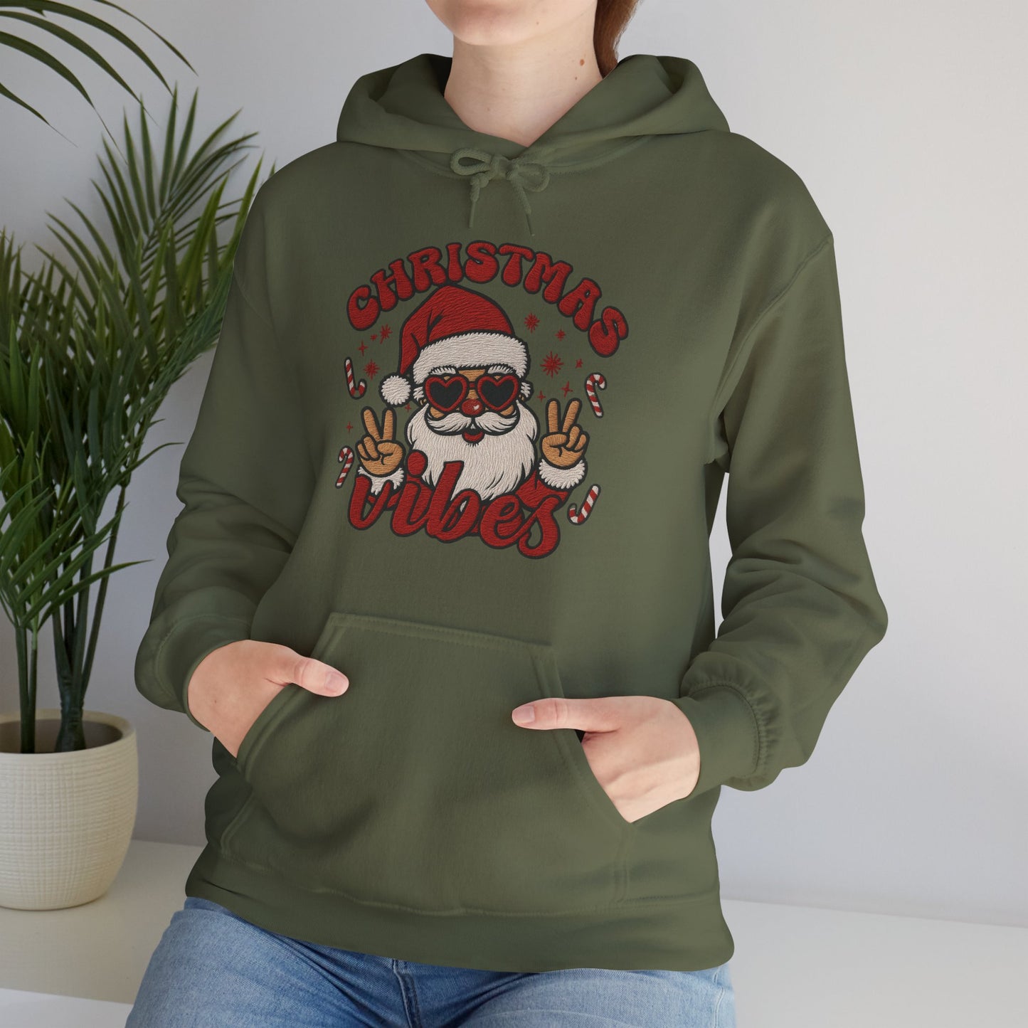 Christmas Vibes Santa Hoodie (Embroidery Look) – Unisex Holiday Sweatshirt