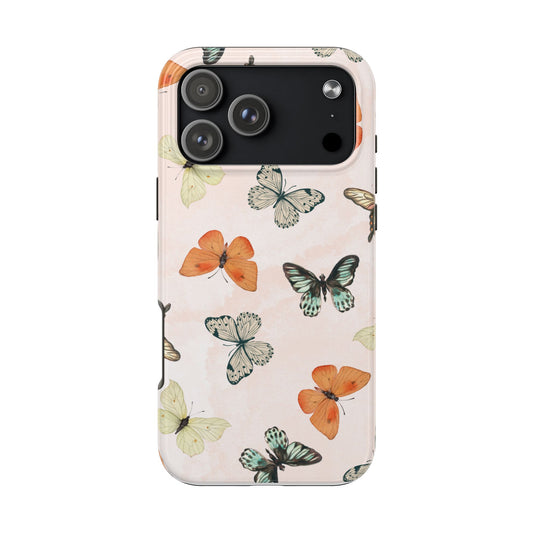 Elegant Butterfly Phone Case with Soft Pastel Background – Delicate Nature-Inspired Design Featuring Orange and Mint Green Butterflies