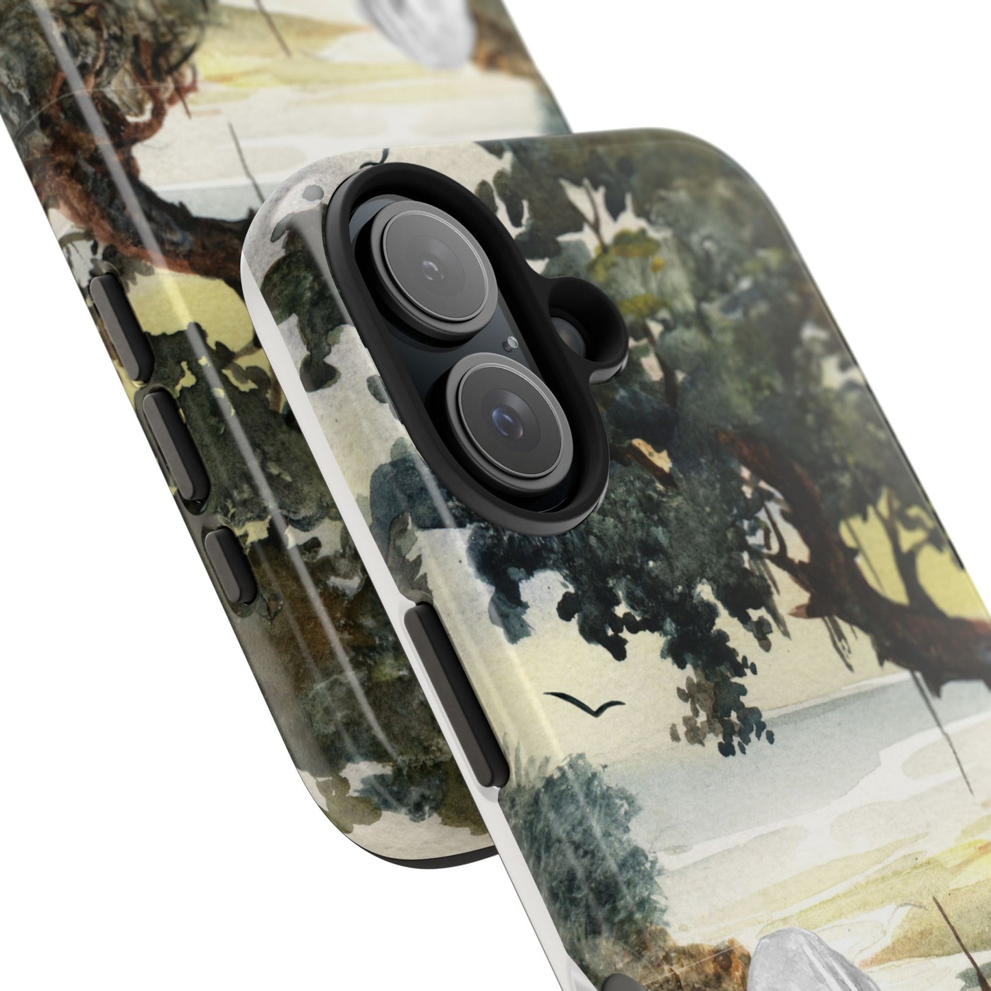 Watercolor Nature Phone Case with Woman by the Sea Tree and Boat Serene Landscape Art Protective Cover for Calm Coastal and Artistic Vibes