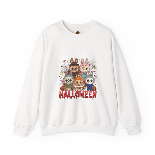 Crewneck Sweatshirt - Labubu Halloween Design with graphic tee print featuring unicorn and spooky characters for a relaxed fit, eco-friendly and cozy.