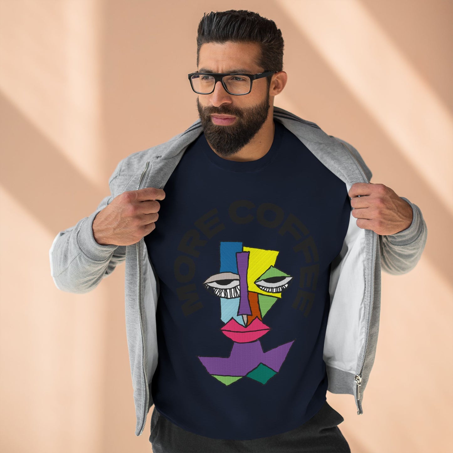 Coffee Lover Unisex Sweatshirt with Sleepy Character Diagram