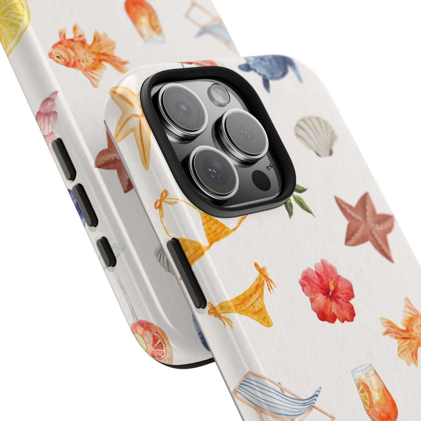 Summer Beach Vibes Phone Case with Watercolor Tropical Icons Bikini Flowers Fish and Fruits Fun and Colorful Protective Cover