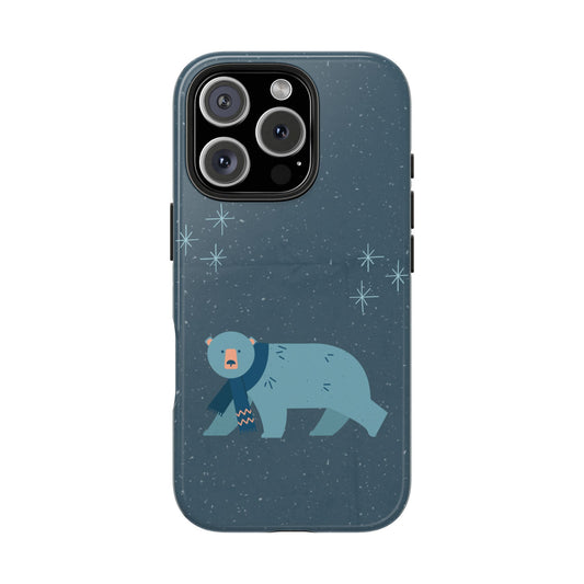 Cute Winter Bear Phone Case with Scarf and Snowy Night Background Cozy Animal Design Protective Cover for Holiday and Cold Weather Vibes