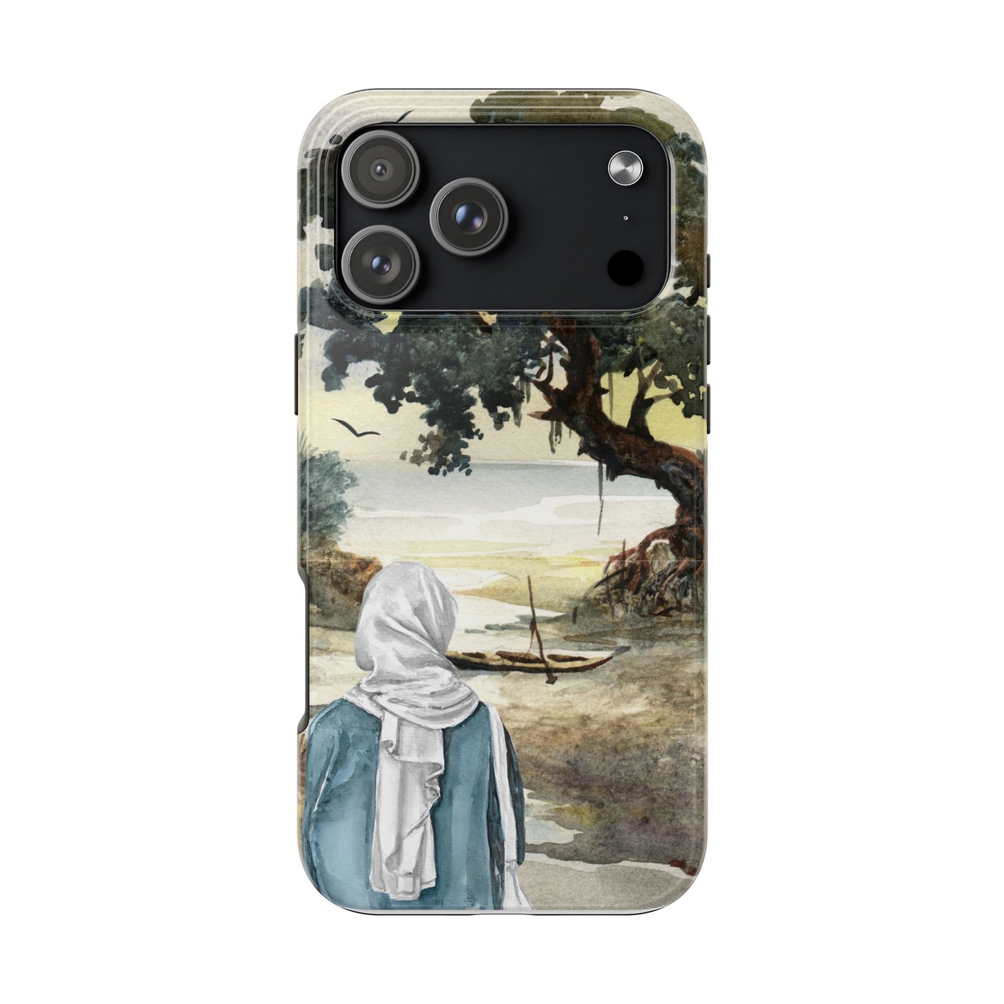 Watercolor Nature Phone Case with Woman by the Sea Tree and Boat Serene Landscape Art Protective Cover for Calm Coastal and Artistic Vibes
