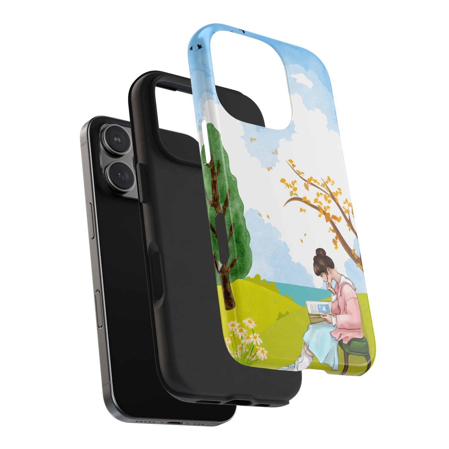 Cozy Reading Girl Phone Case with Peaceful Nature Scene Trees and Flowers Serene Pastel Design Protective Cover for Book Lovers and Dreamers