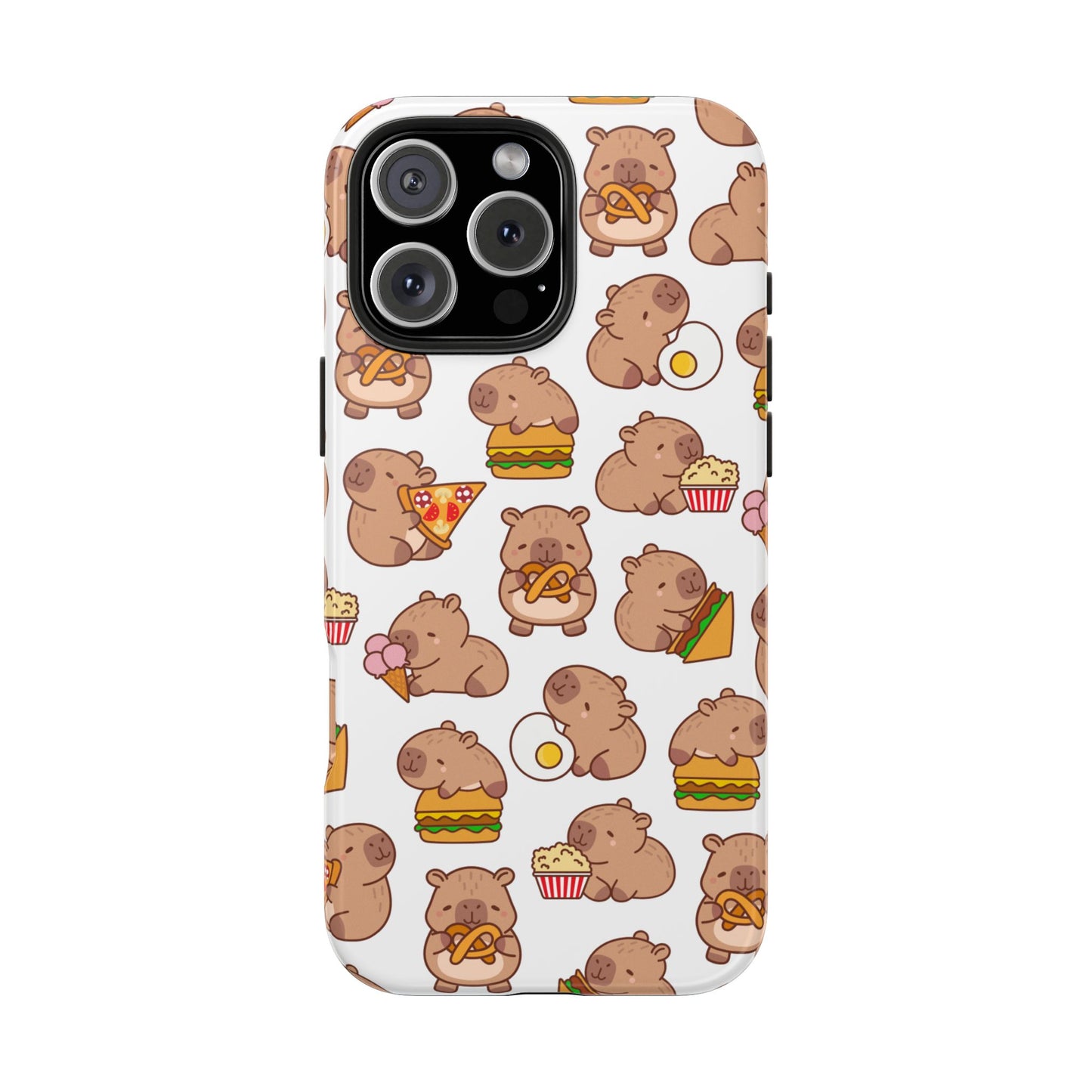 Cute Capybara Phone Case with Food Pattern Pizza Burger Donut and Popcorn Funny Animal Design Protective Cover for Foodies and Kawaii Style