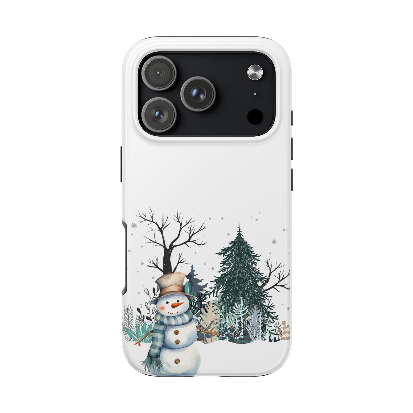 Winter Snowman Phone Case with Forest Trees and Snowflakes Cute Holiday Design Protective Cover for Christmas and Cozy Seasonal Vibes