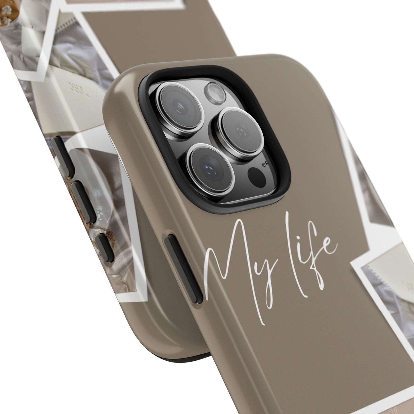 Neutral Aesthetic Phone Case with “My Life” Text and Polaroid Style Collage – Minimalist Beige Design for Cozy Lifestyle Lovers