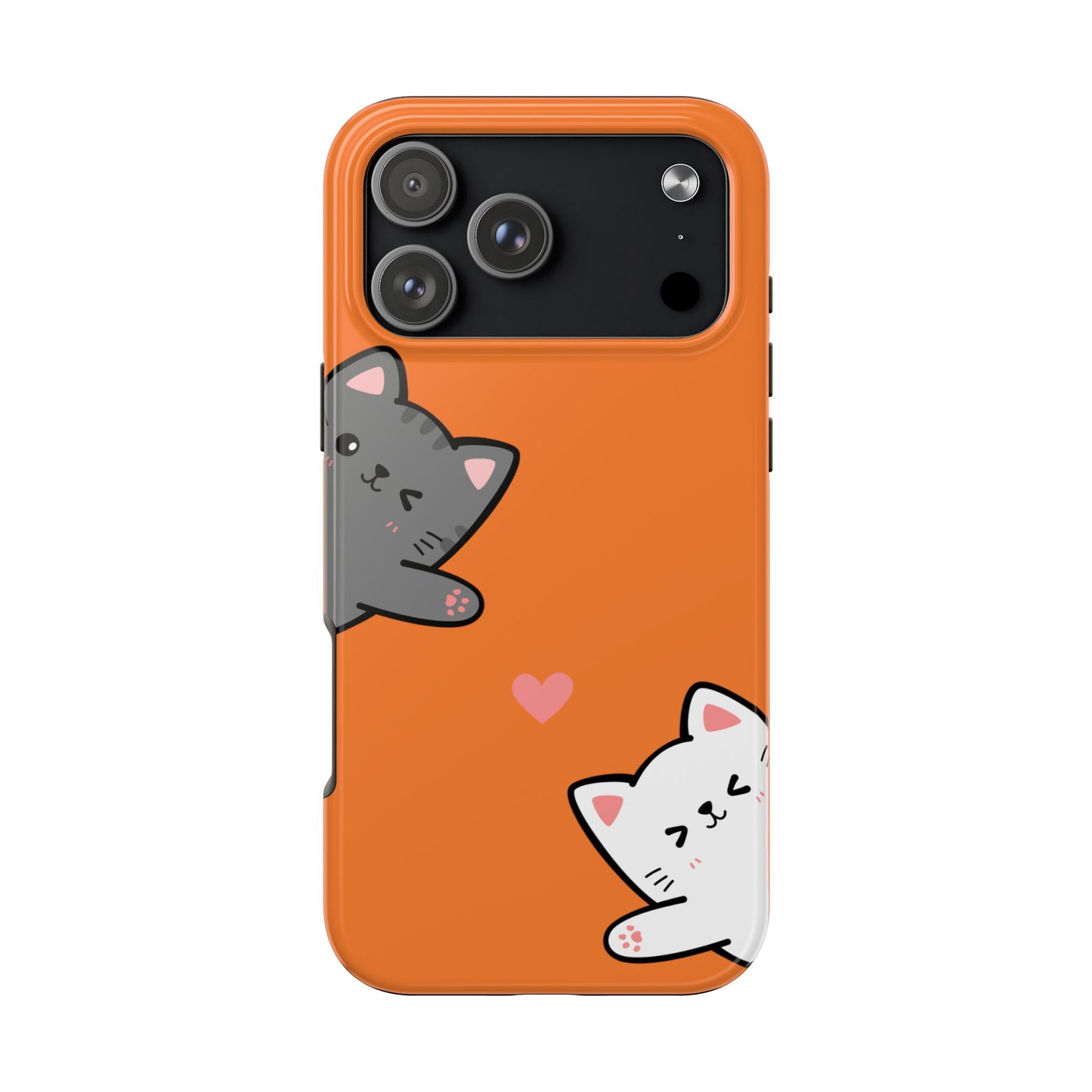 Cute Cartoon Cat Phone Case with Orange Background Playful Gray and White Kitties and Pink Heart Protective Cover for Kawaii Cat Lovers