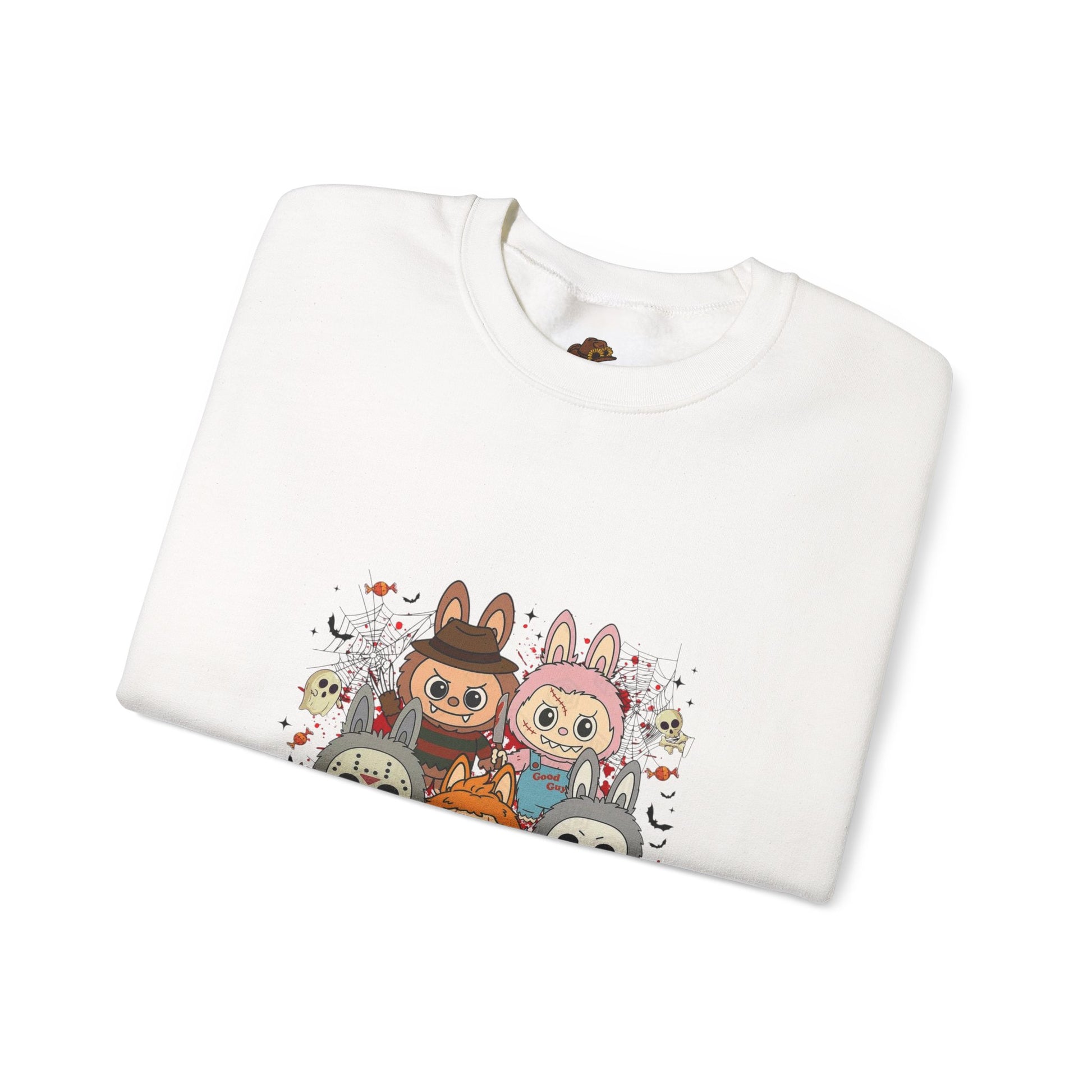 Crewneck Sweatshirt - Labubu Halloween Design, unicorn graphic tee with relaxed fit, eco-friendly Gildan hoodie alternative.