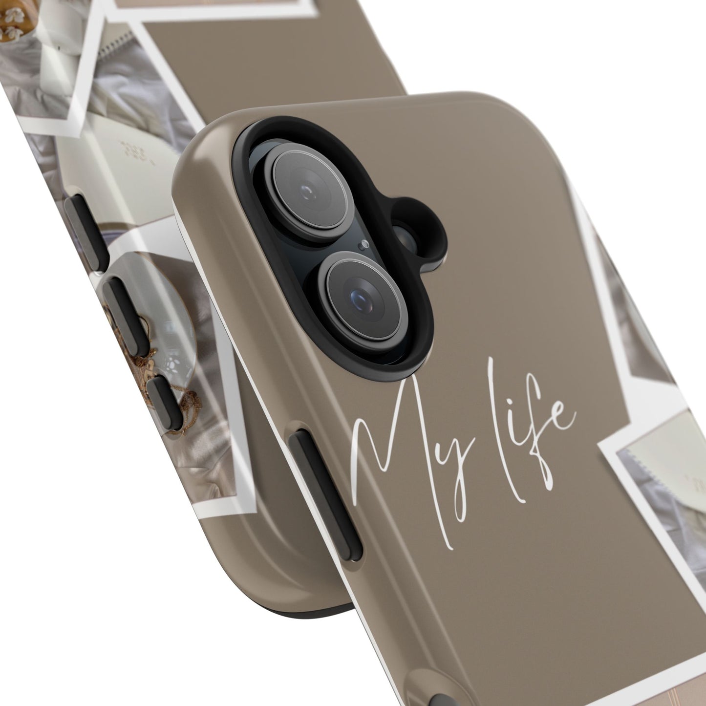 Neutral Aesthetic Phone Case with “My Life” Text and Polaroid Style Collage – Minimalist Beige Design for Cozy Lifestyle Lovers