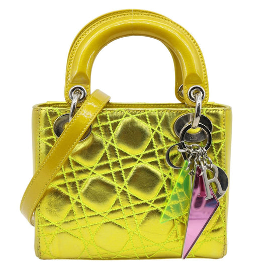 CHRISTIAN DIOR Lady Dior Mini Metallic Leather Shoulder Bag Neon Yellow with Cannage stitching and signature Dior charms.