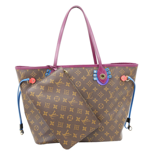 LOUIS VUITTON Neverfull MM Totem Monogram Canvas Shoulder Bag Magenta with pouch, limited edition, brown and magenta accents.