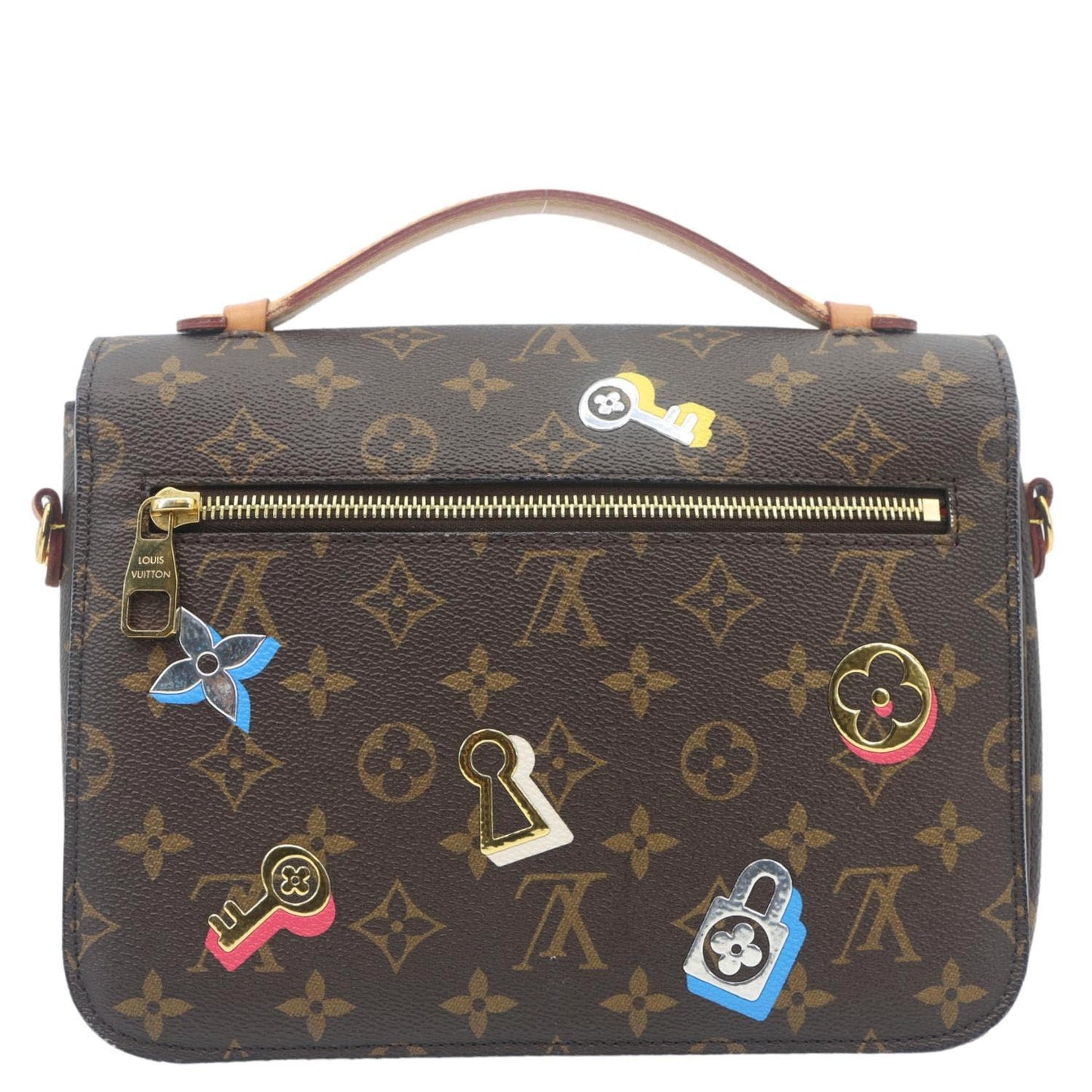 LOUIS VUITTON Lovelock Metis Pochette Patches Monogram Canvas Crossbody Bag Brown with playful patch details.