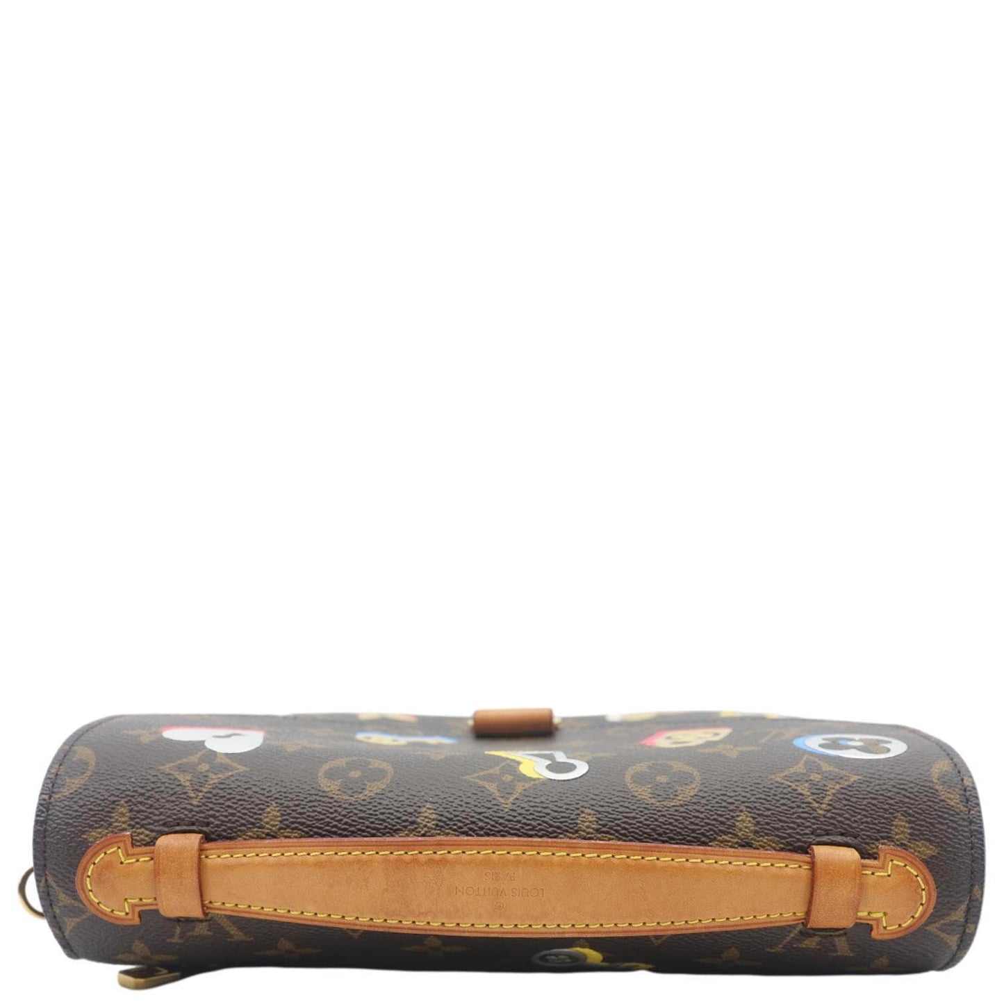 Bottom view of LOUIS VUITTON Lovelock Metis Pochette Patches Monogram Canvas Crossbody Bag Brown with unique patch details.