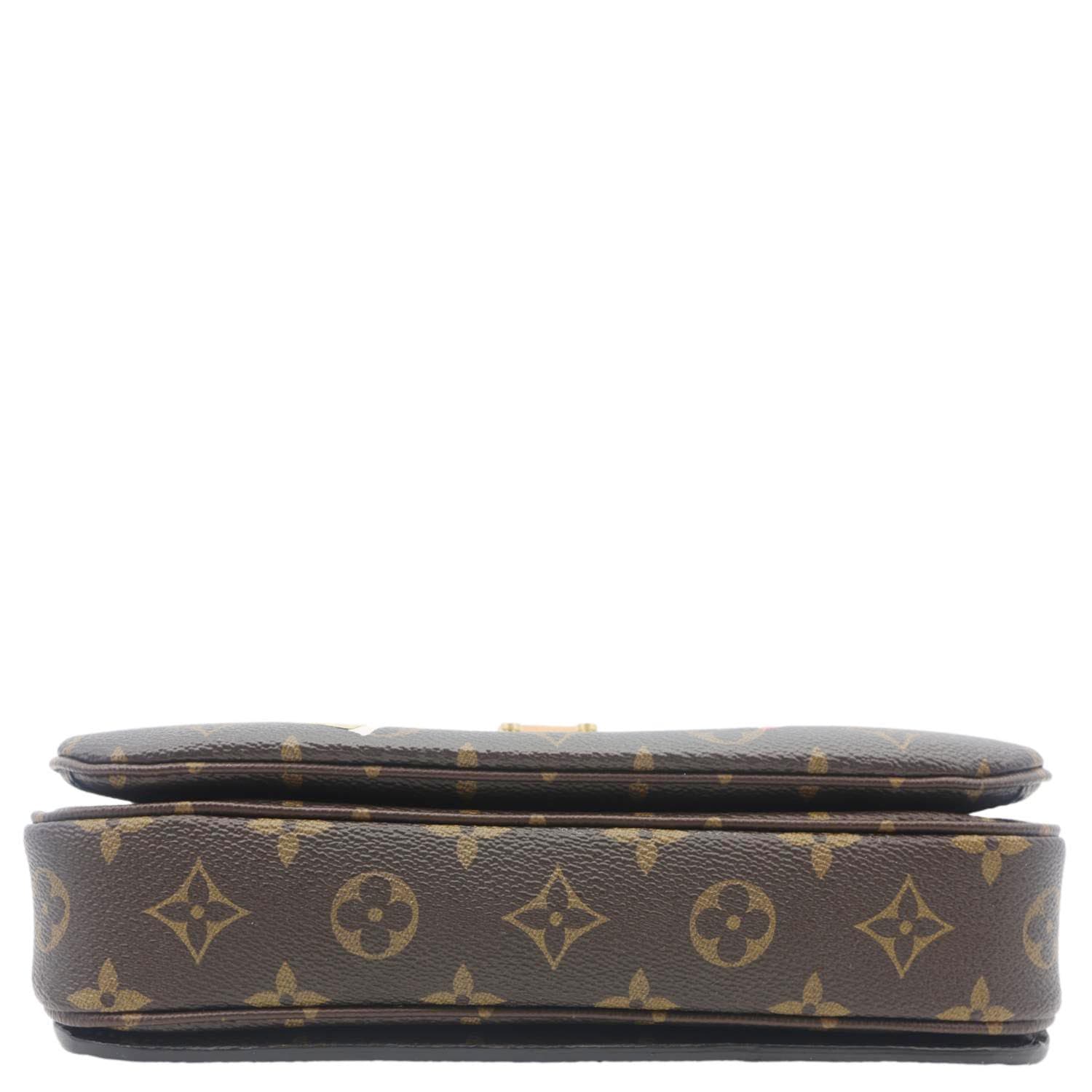 Bottom view of LOUIS VUITTON Lovelock Metis Pochette Patches Monogram Canvas Crossbody Bag Brown, showcasing monogram pattern.