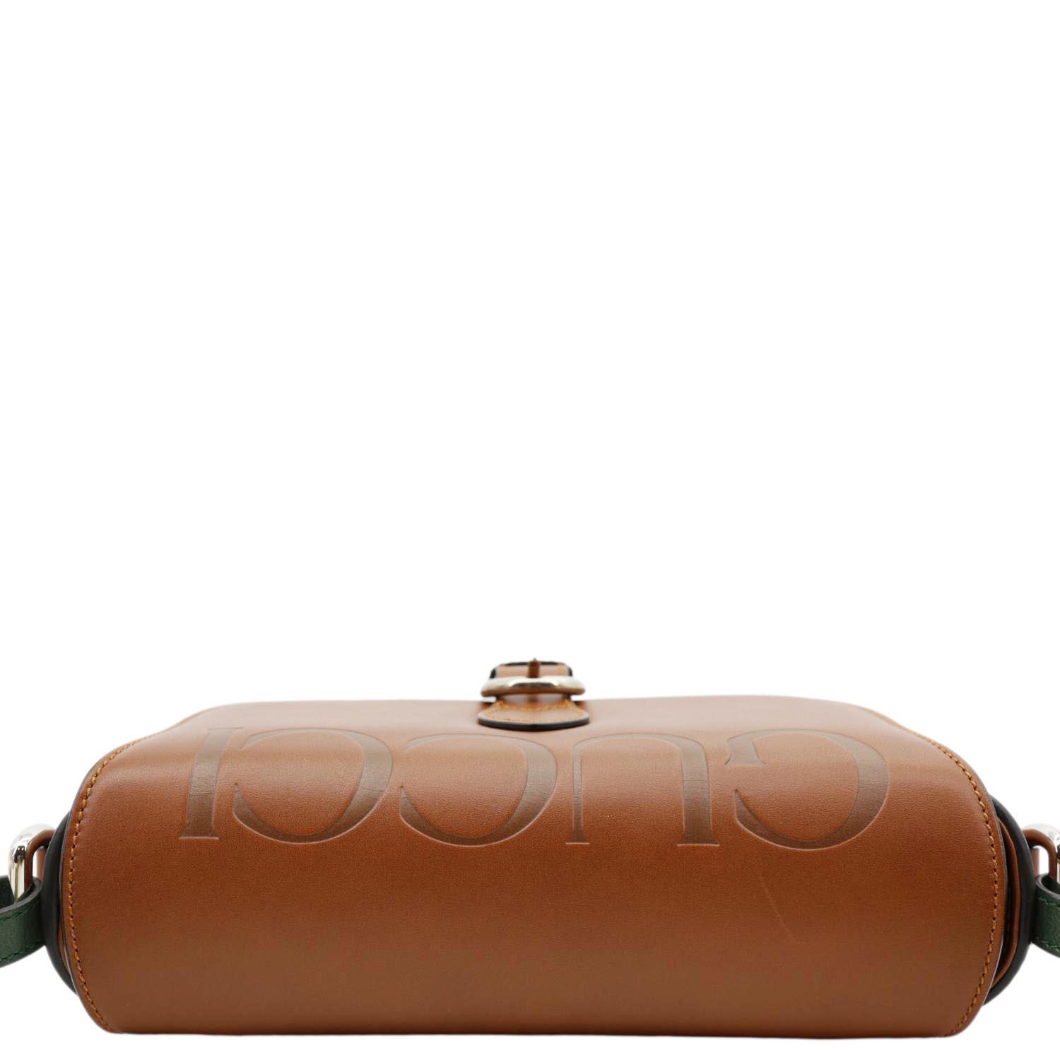 GUCCI Logo Small Embossed Calfskin Leather Shoulder Bag Brown 679540 with embossed logo design and gold-tone hardware, front view.