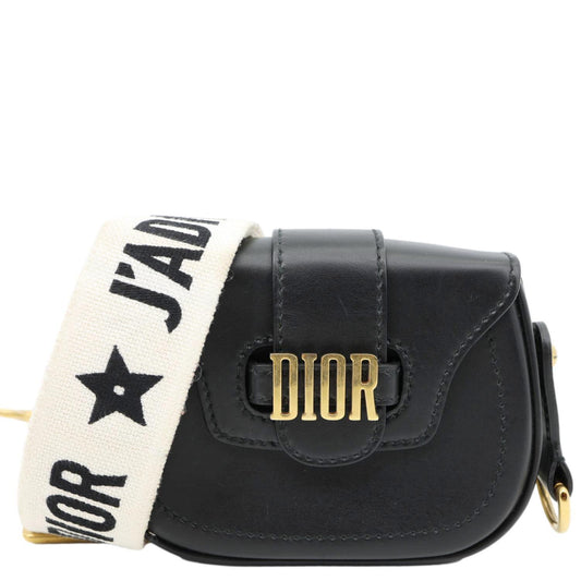 CHRISTIAN DIOR D Fence Small Calfskin Leather Saddle Bag Black with signature “D” buckle, elegant design, includes shoulder strap.