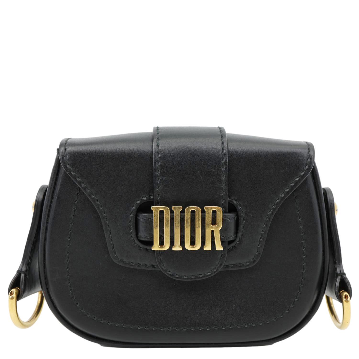 CHRISTIAN DIOR D Fence Small Calfskin Leather Saddle Bag Black with gold "D" buckle, elegant structured style from Italy.