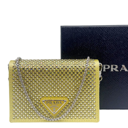 PRADA Triangle Logo Crystal Satin Chain Card Holder Shoulder Bag Gold with sparkling crystals and chain, glam evening accessory.