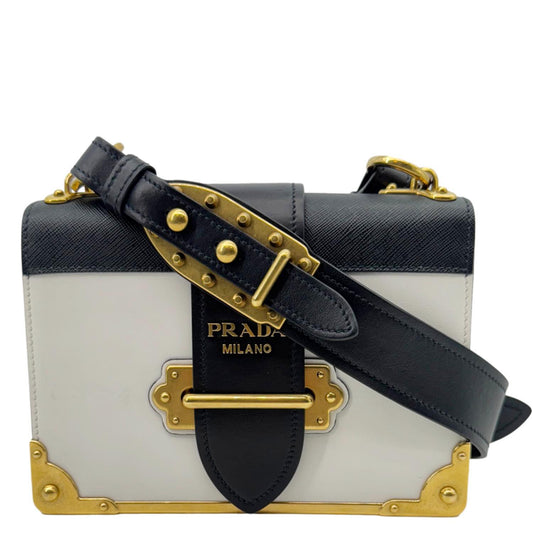 Alt Tag: PRADA Cahier City Large Calf Saffiano Leather Shoulder Bag White with antique gold-tone hardware, structured design.
