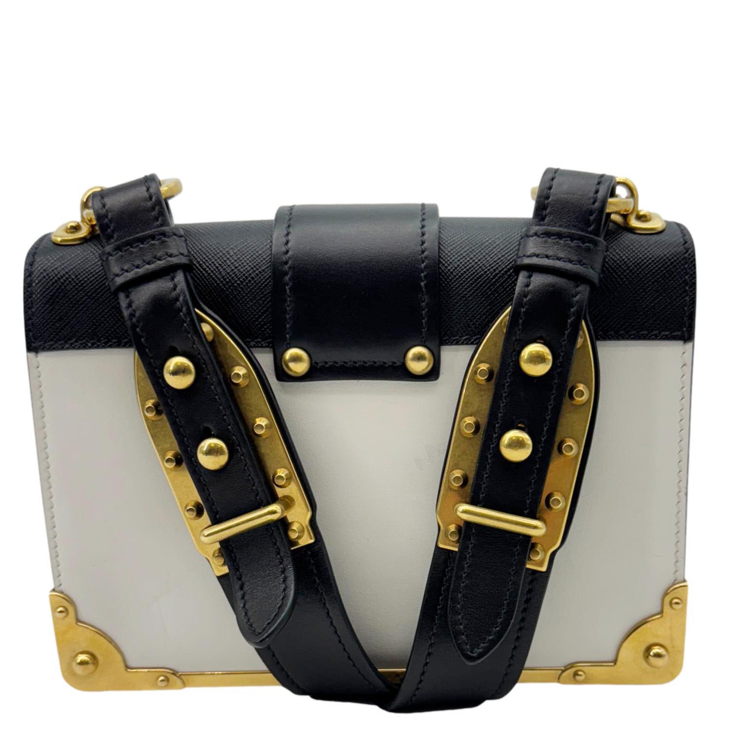 Back view of the PRADA Cahier City Large Calf Saffiano Leather Shoulder Bag White with antique gold-tone hardware.