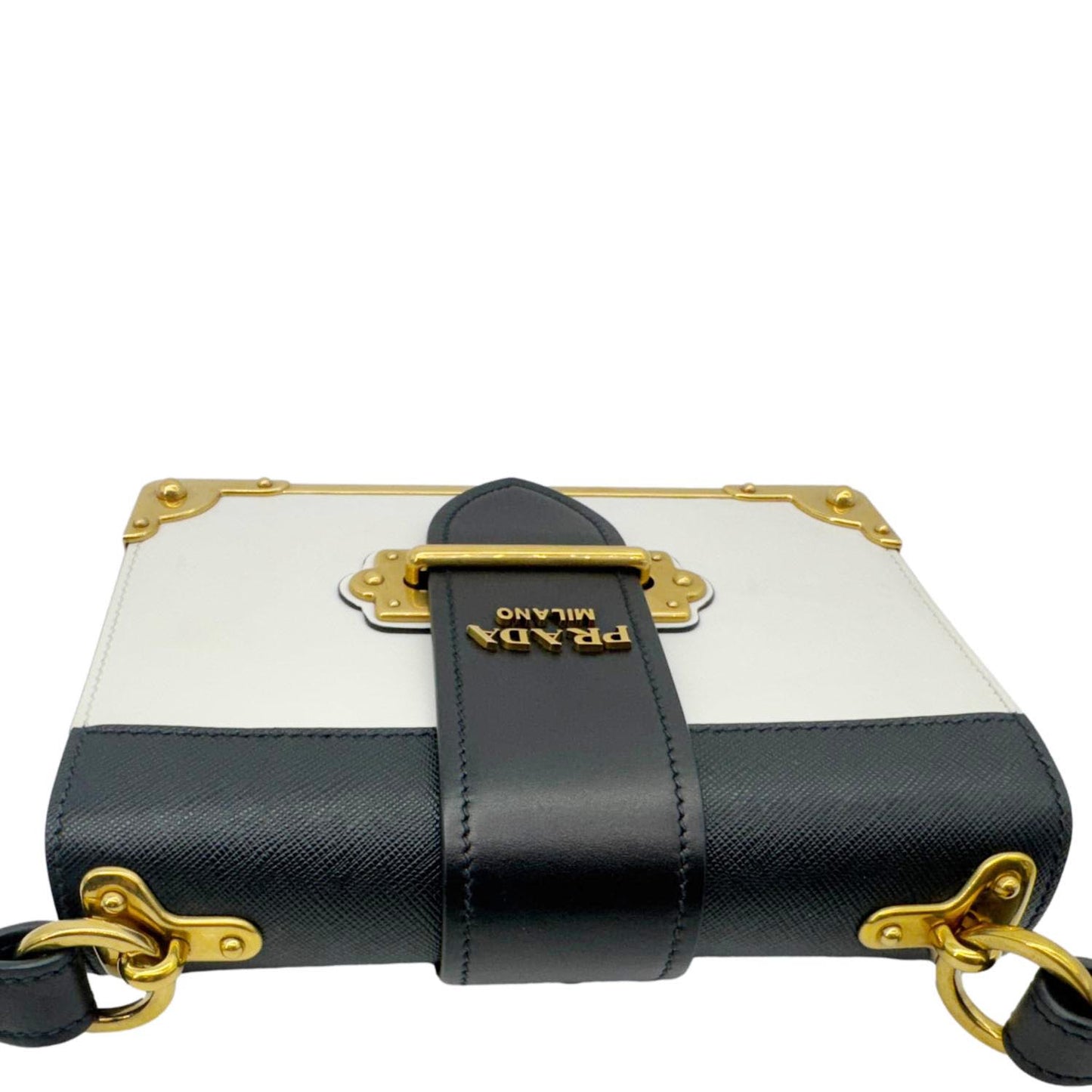 PRADA Cahier City Large Calf Saffiano Leather Shoulder Bag White with antique gold-tone hardware, showing modern luxury and vintage charm.