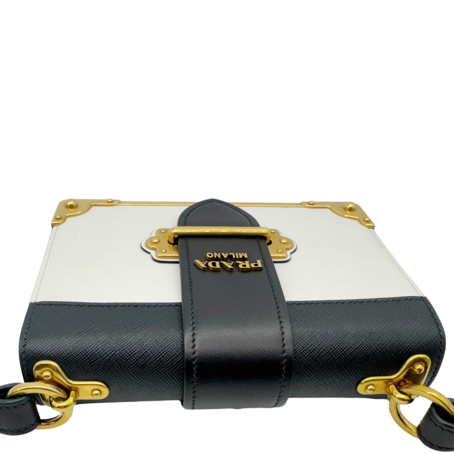 PRADA Cahier City Large Calf Saffiano Leather Shoulder Bag White with antique gold-tone hardware, showing modern luxury and vintage charm.